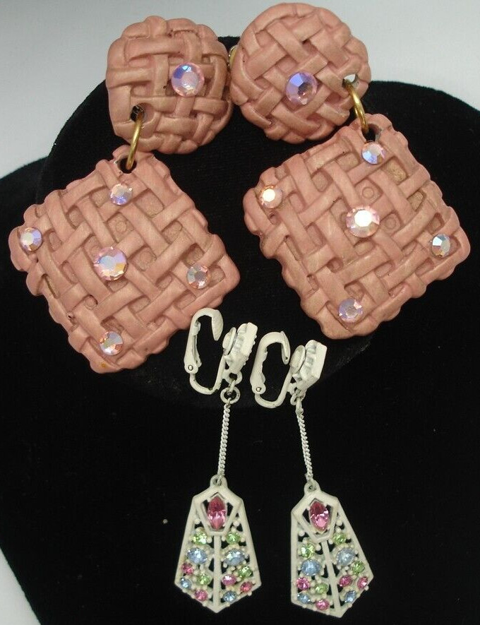 vtg. JEFF LIEB clip on dangle jeweled weave pattern earring set pink multicolor