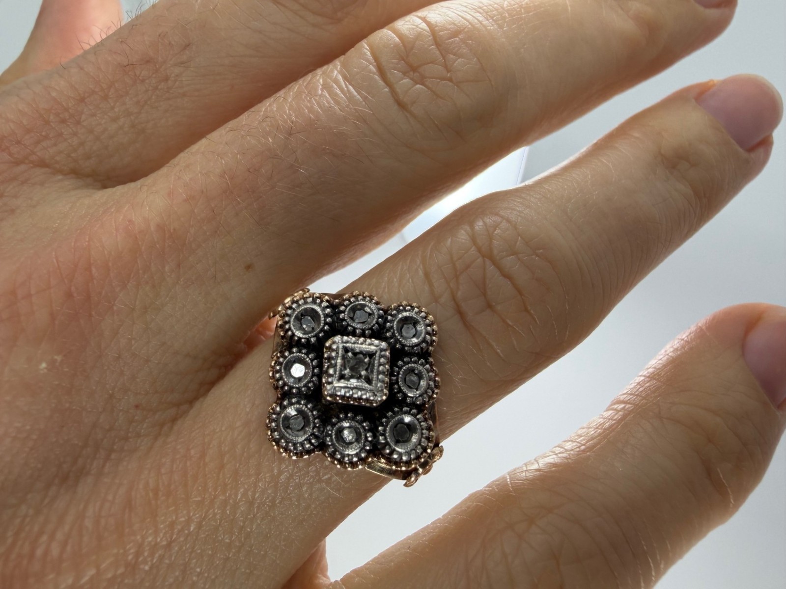 1793 Georgian Rose-Cut Diamond Cluster Ring, 18K Gold & Silver, London Hallmarks