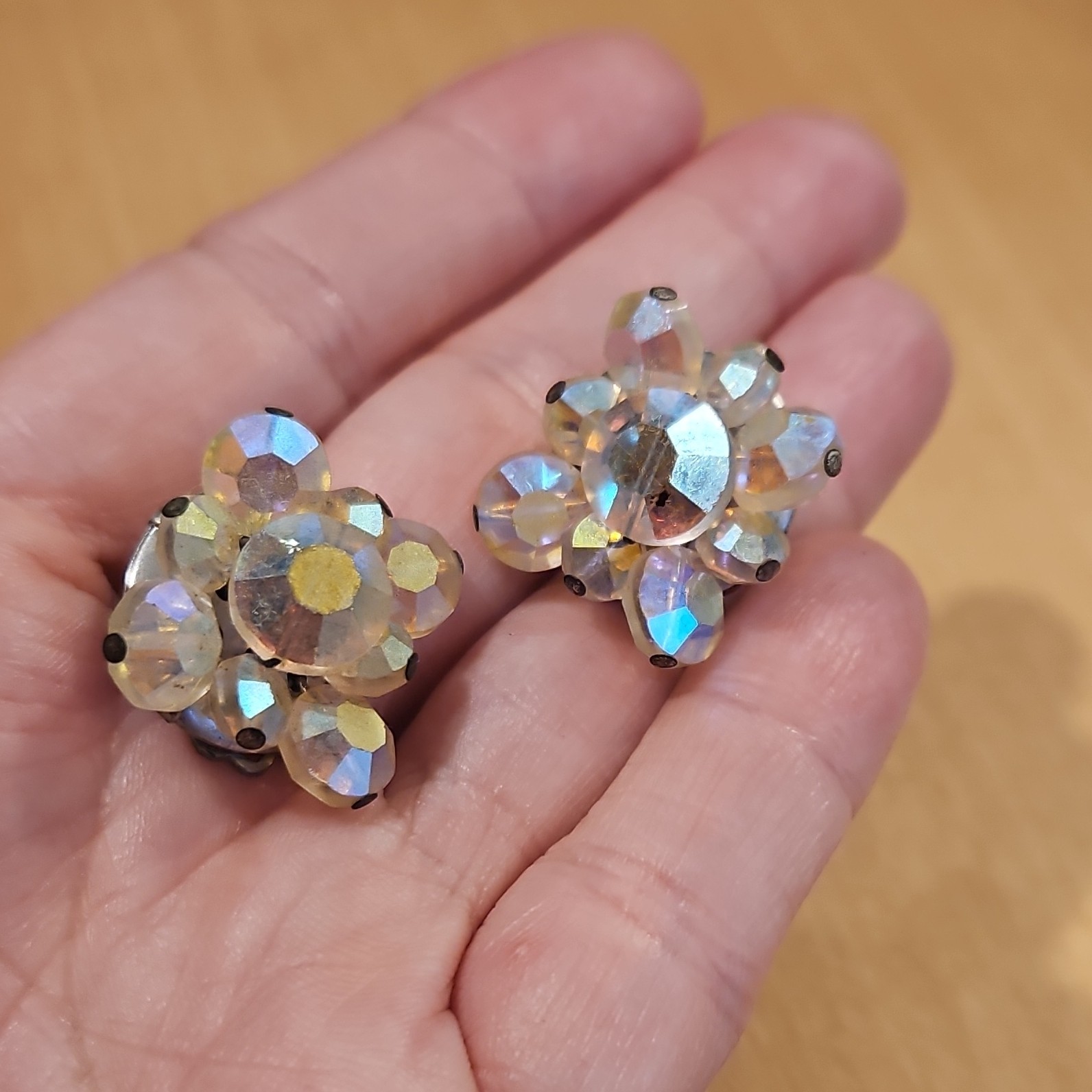 Vintage AB Crystal Flower Cluster Clip Earrings Heavy Glass Aurora Borealis