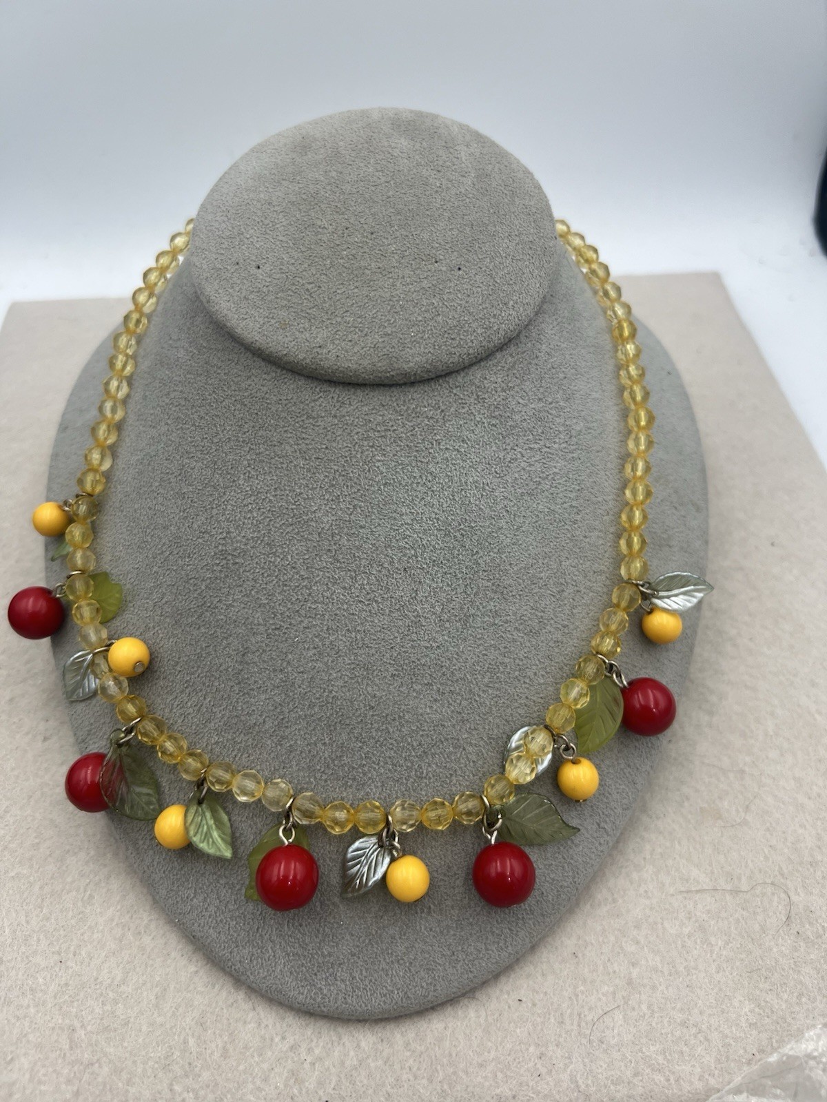 Vintage Fruit Basket Lucite Yellow Beaded Necklace 16 In With Adjustable Chain