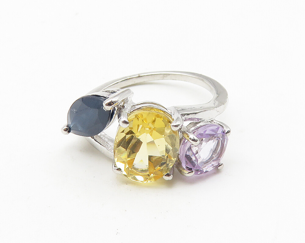925 Sterling Silver Amethyst Citrine & Sapphire Shiny Band Ring Sz 7 RG10547