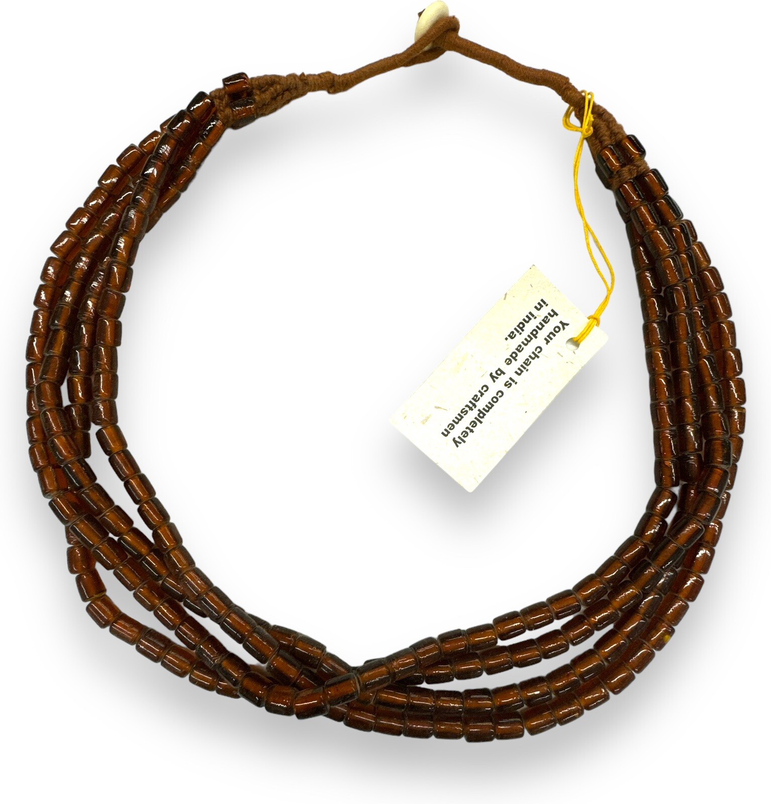 Vintage India Glass Handmade 4 Strand Brown Tube Beads Necklace 25″ Loop Clasp