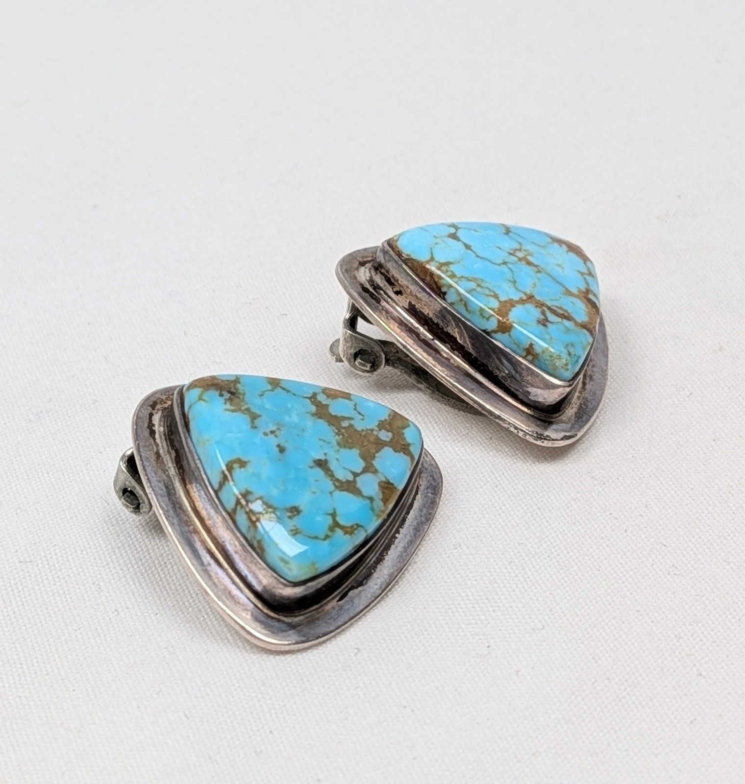 Vintage Turquoise Silver Earrings Triangle Geometric Sterling Bevel Set Clip On