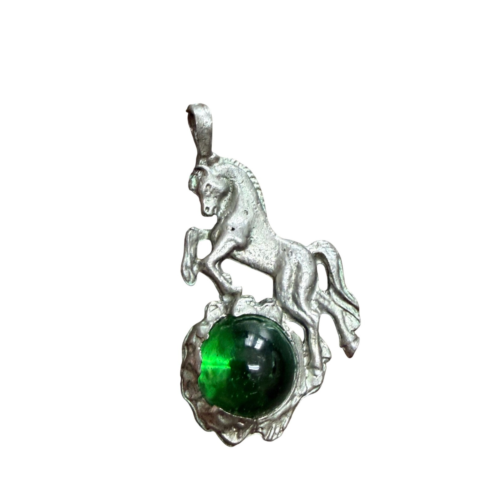 Vintage Pewter Unicorn Pendant Green Glass Orb Fantasy Mythical Silver Tone