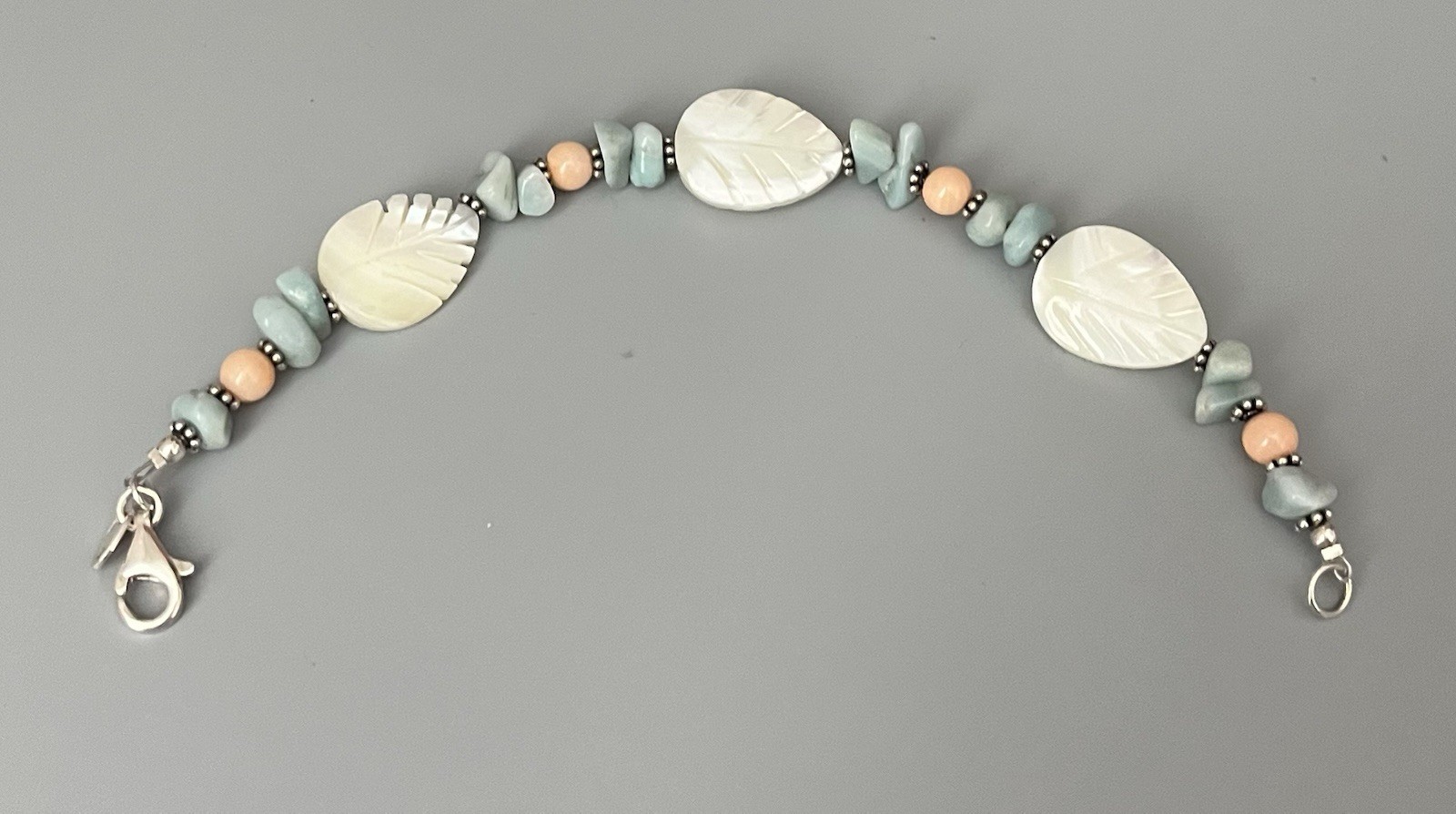 VTG SX 925 Sterling-Carved MOP-Pale Blue-Peach Stone Bracelet Wire Earring Set