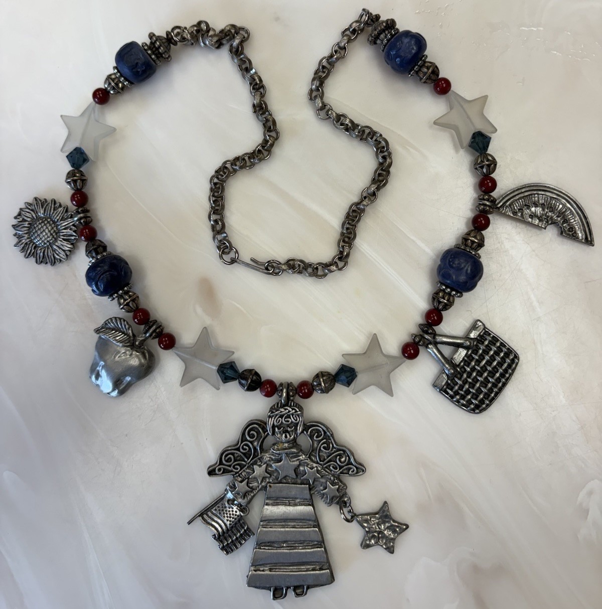 Marcie Signed 27” Pewter Charm & Beads Necklace PATRIOTIC Angel Picnic Sunflower