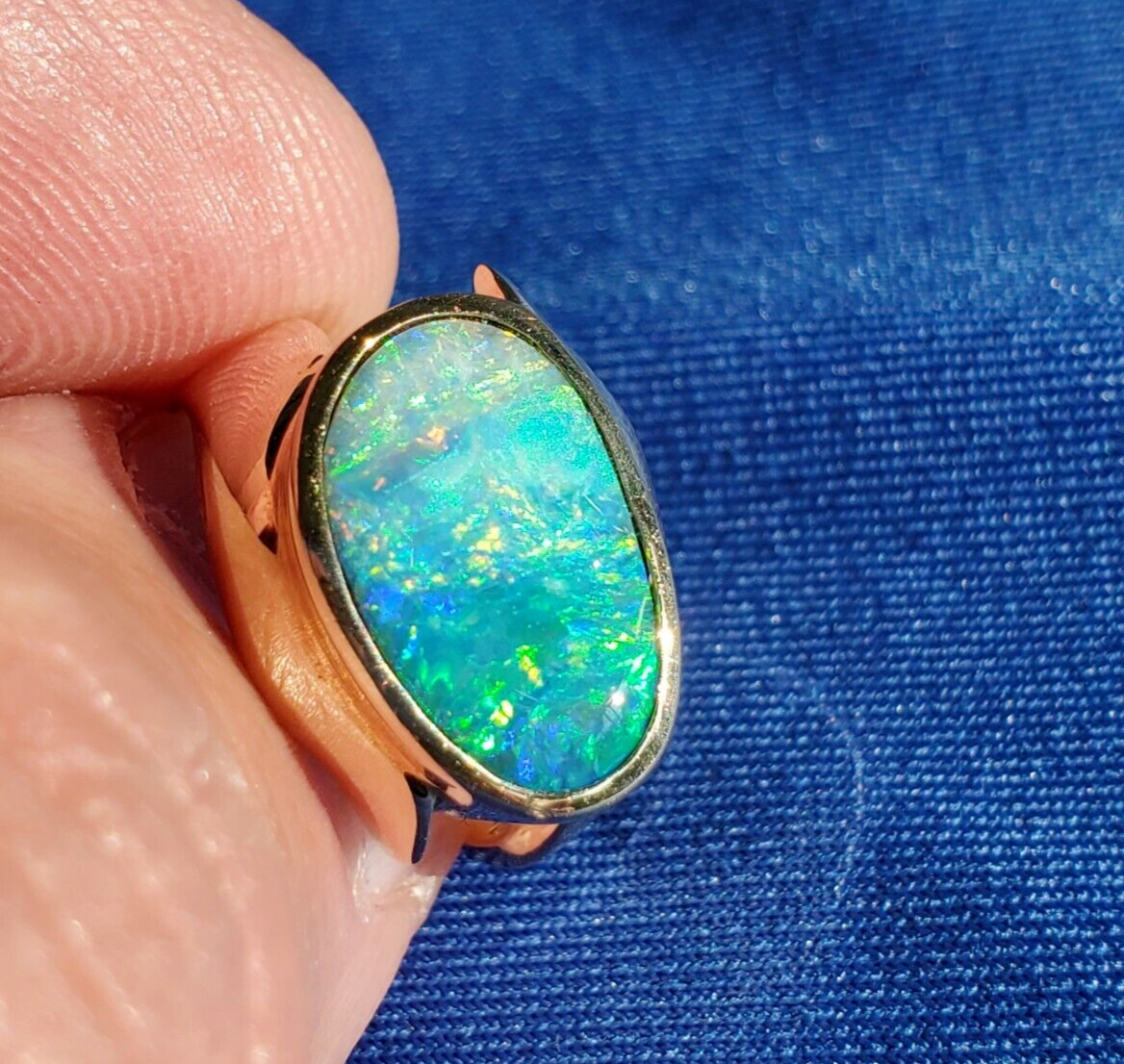 Original EARTH MINED Black OPAL Deco Ring Designer Hand made SOLID 14K GOLD 6.25