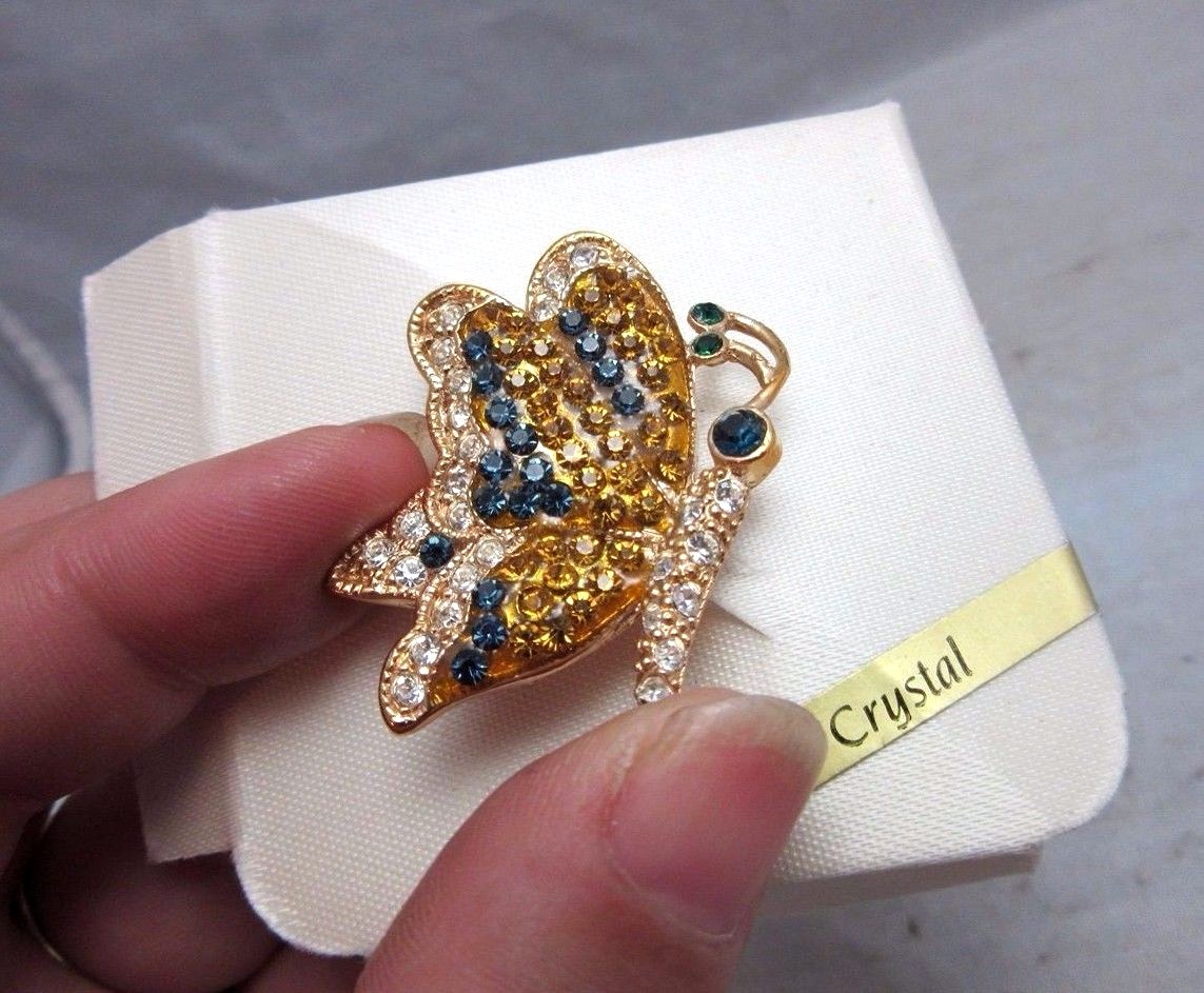 Pave rhinestone butterfly brooch. Blue & yellow