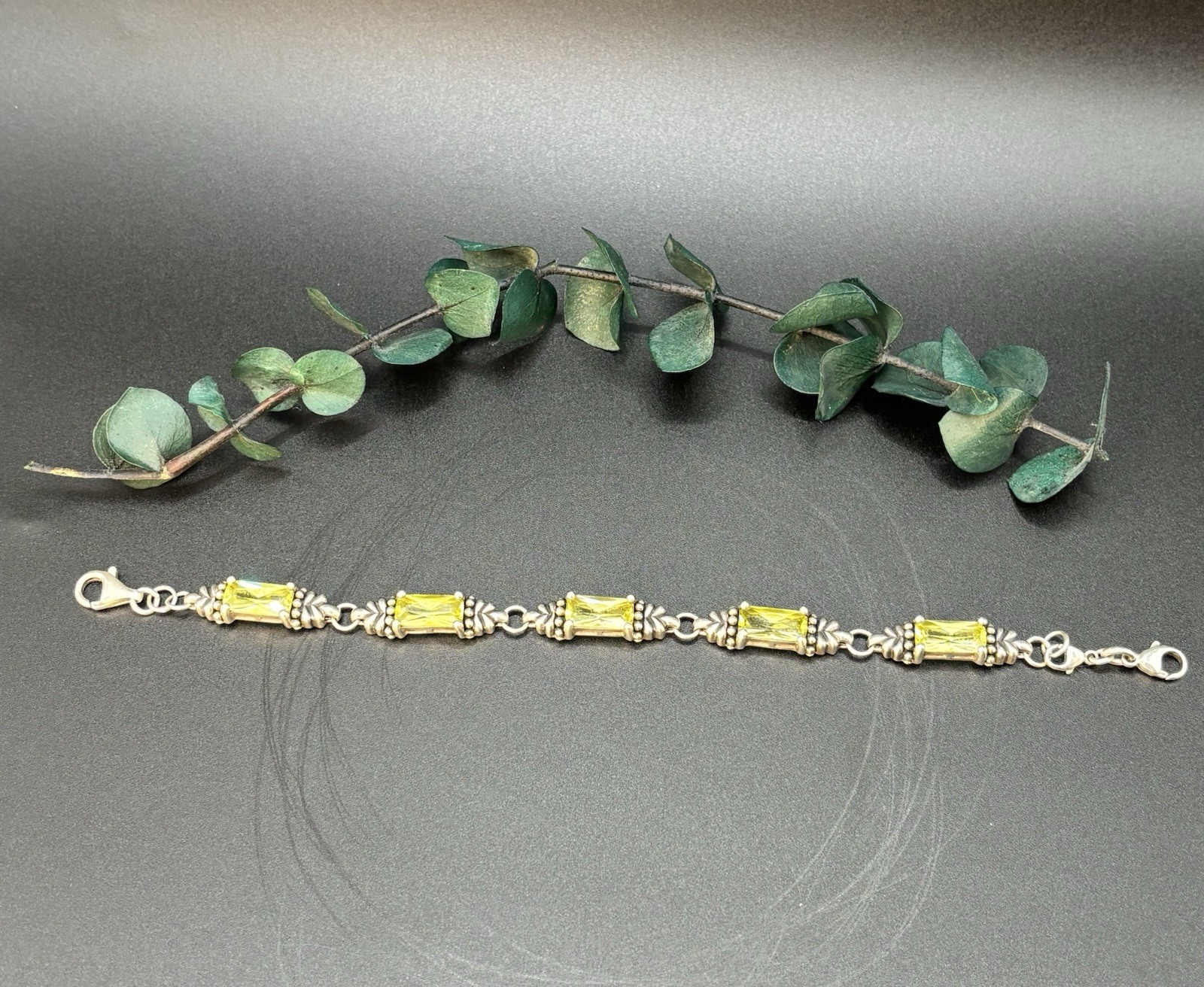 Vintage Sterling Silver 925 Lemon Lime Quartz Crystal Artisan Link Bracelet 6.5″