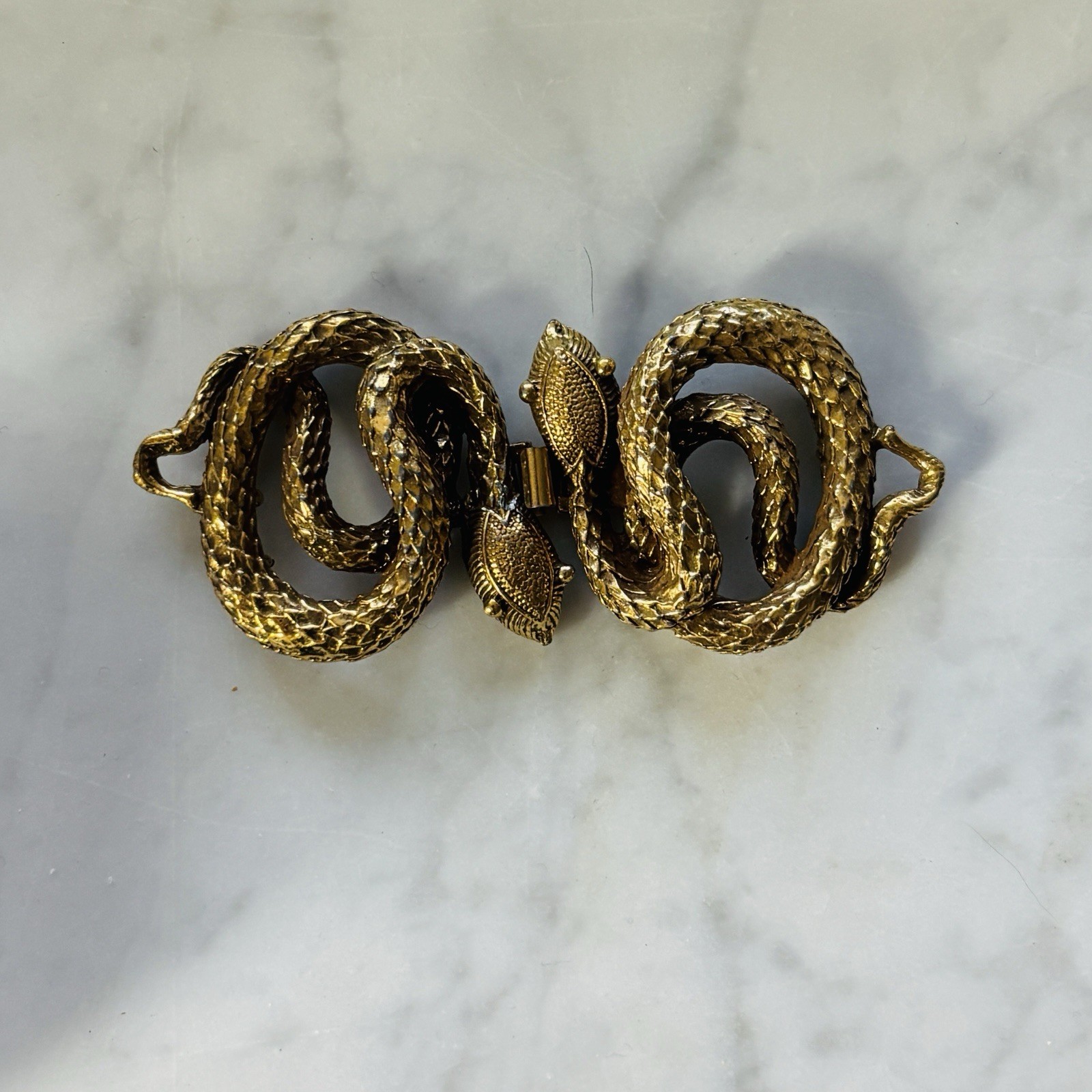 Antique Victorian Brass-Plated Repoussé Double Serpent Bracelet Clasp C. 1900