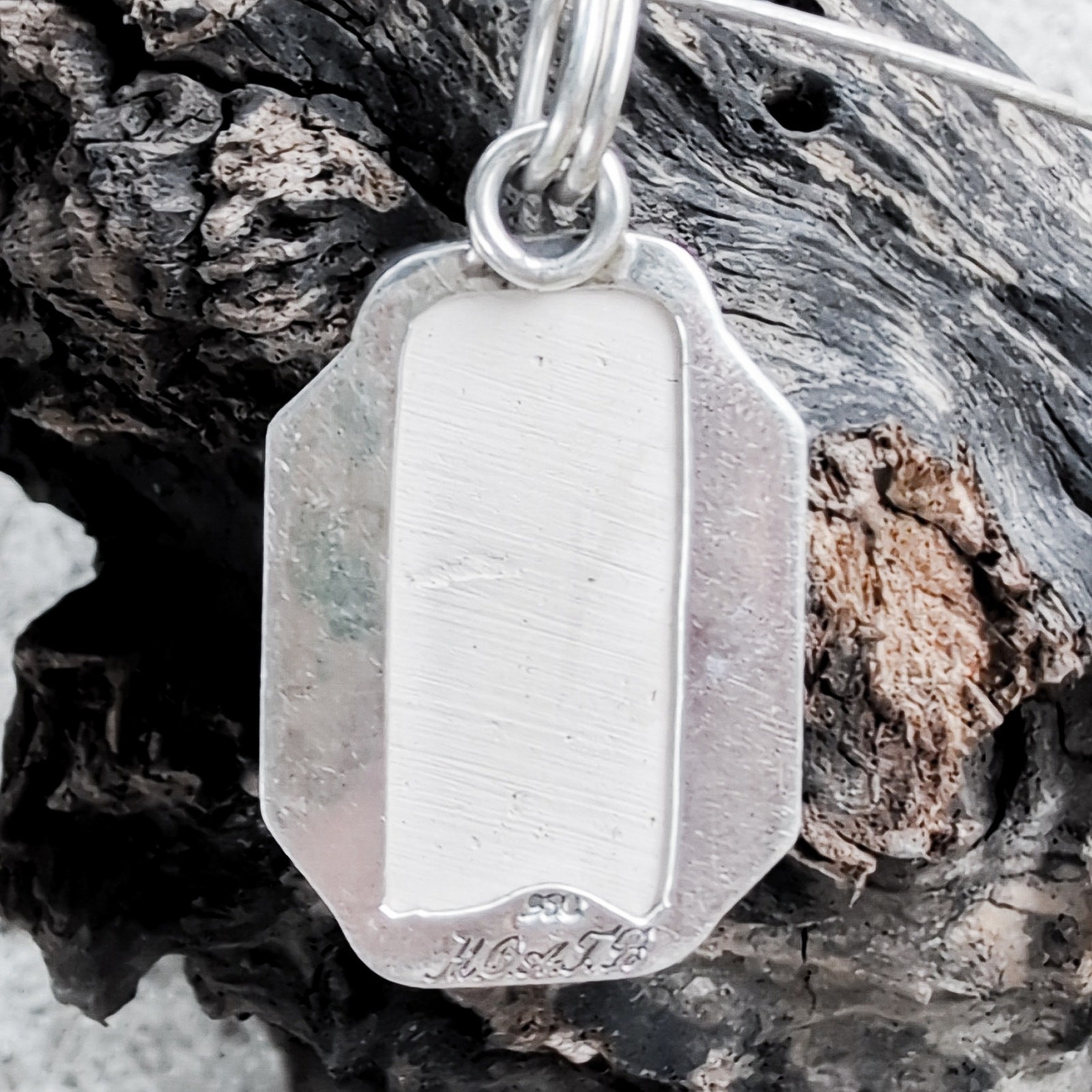 Mata Ortiz pottery shard silver pendant, silver setting on flat neckwire MOATB