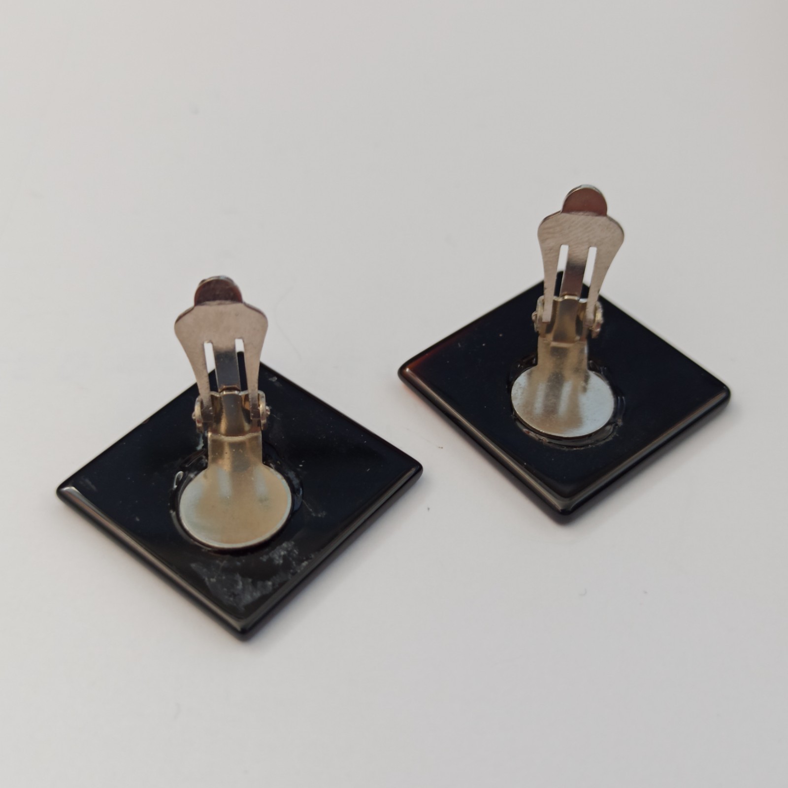Vintage Black Onyx Earrings Modernist Square Clip On 90s Stone Minimalist Bold