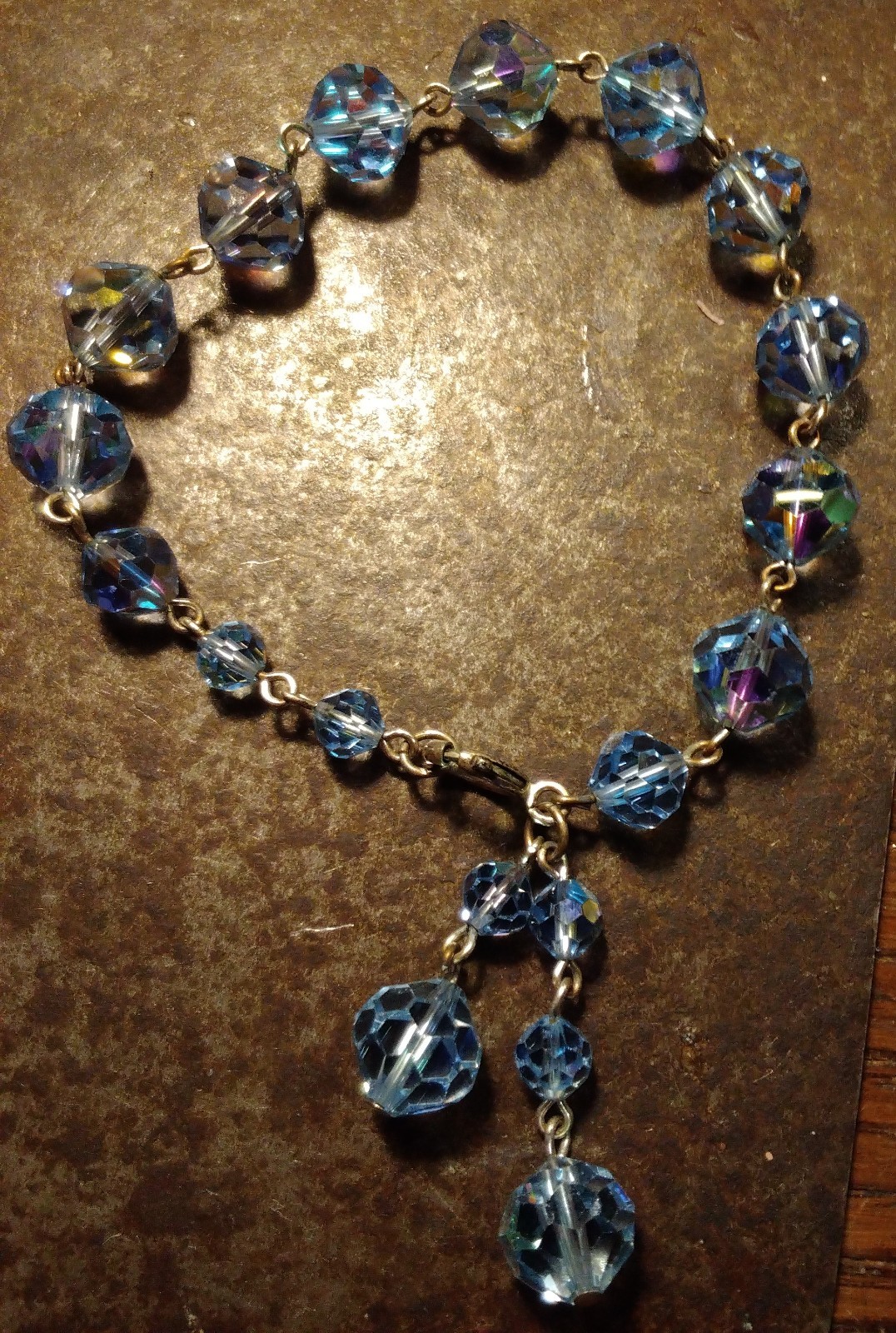 AURORA BOREALIS BLUE Heavy Link CRYSTAL BEAD 8″ BRACELET DANGLES Czech Glass VTG