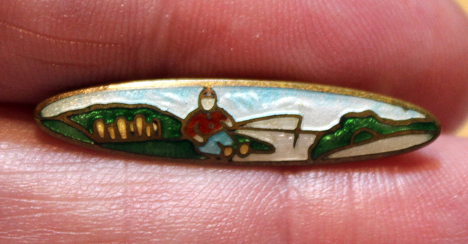 Small 1920’s Guilloché Enamel FLY FISHERMAN BROOCH Brass Pin