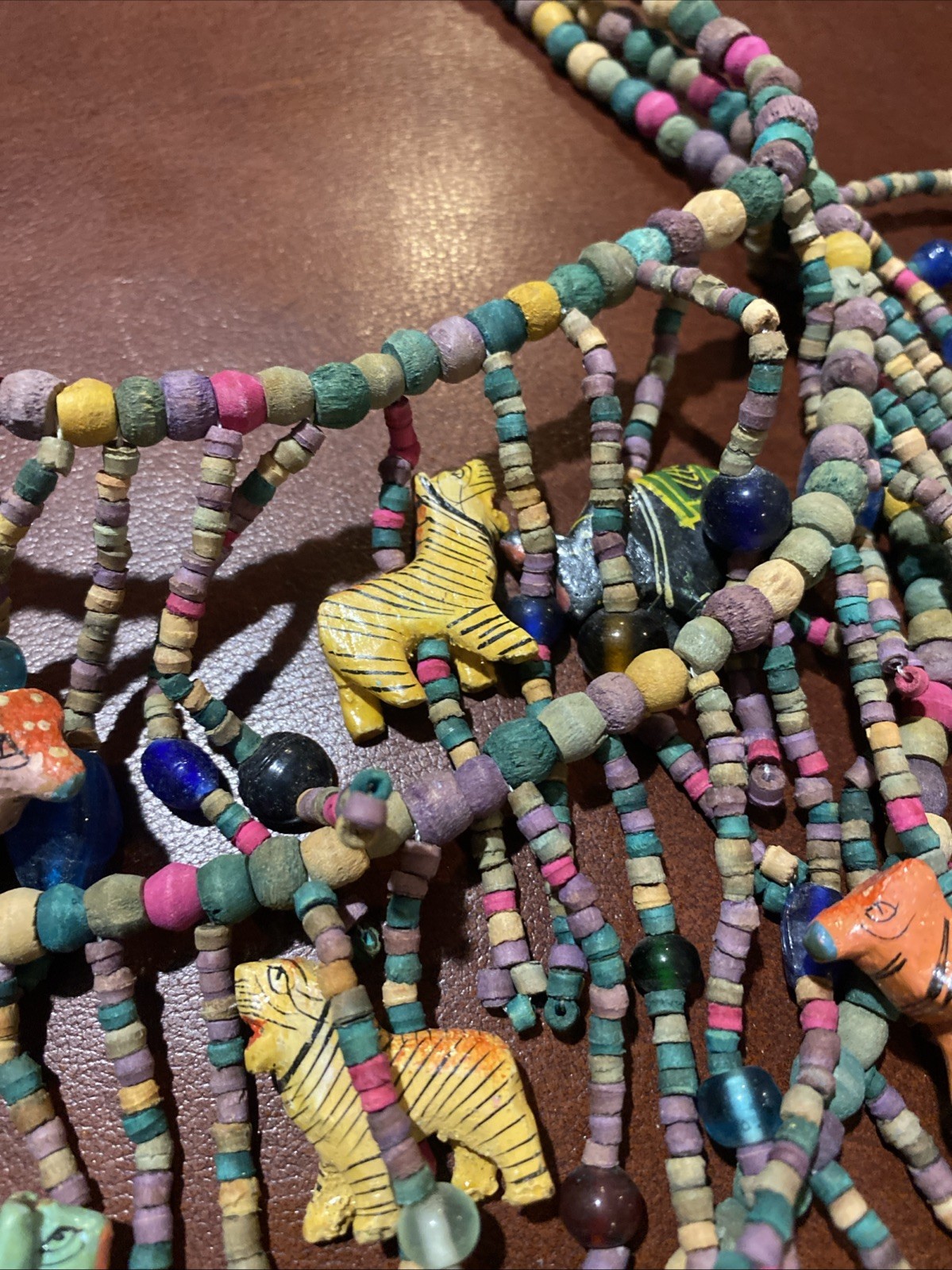 BOHO African Multi Strand Statement Necklace Wooden Carved Animals Fringe Beads