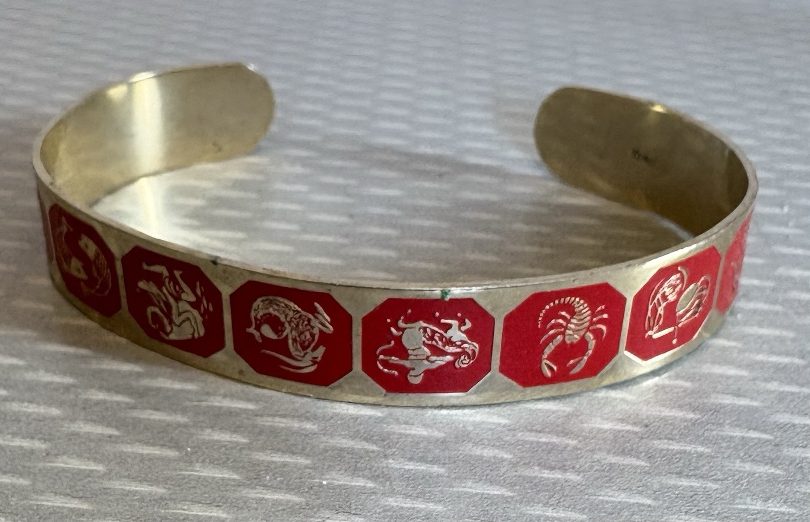 70s Vintage Zodiac Cuff Bracelet Goldtone Red Enamel 12 Astrology Signs Unisex