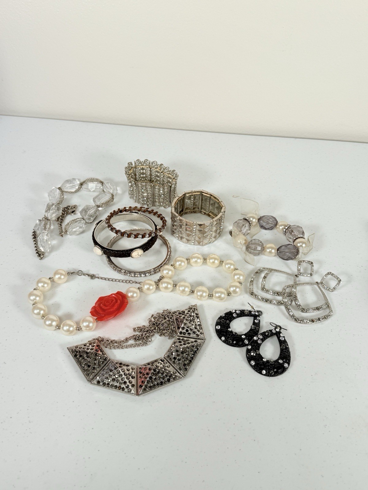 1lb Lot Of Random Jewelry, Earrings, Necklaces, Bracelets, Silver, Leather, Gem