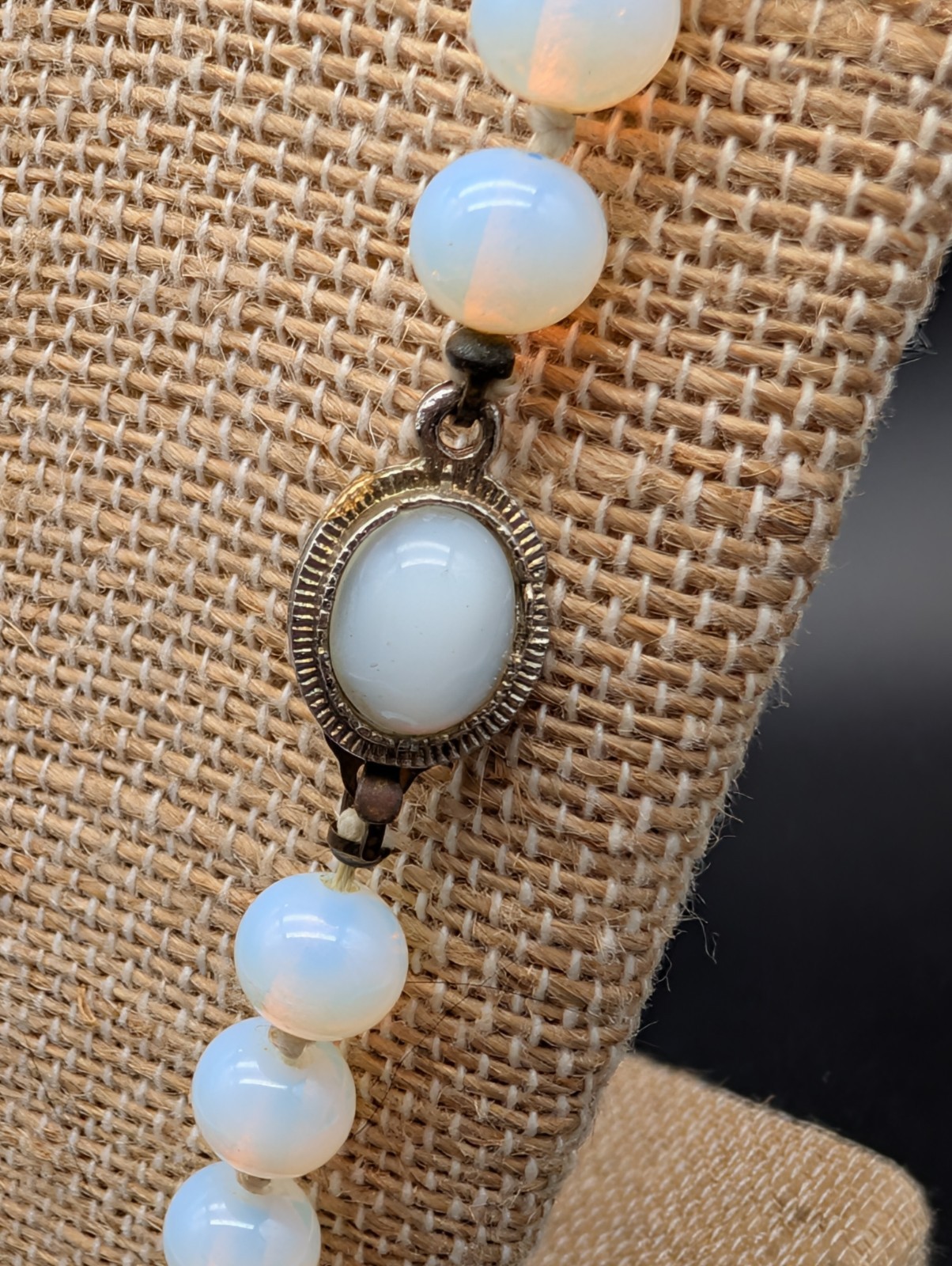 VINTAGE OPALITE OR OPALINE OPALESCENT GLASS BEAD NECKLACE HAND KNOTTED 23″