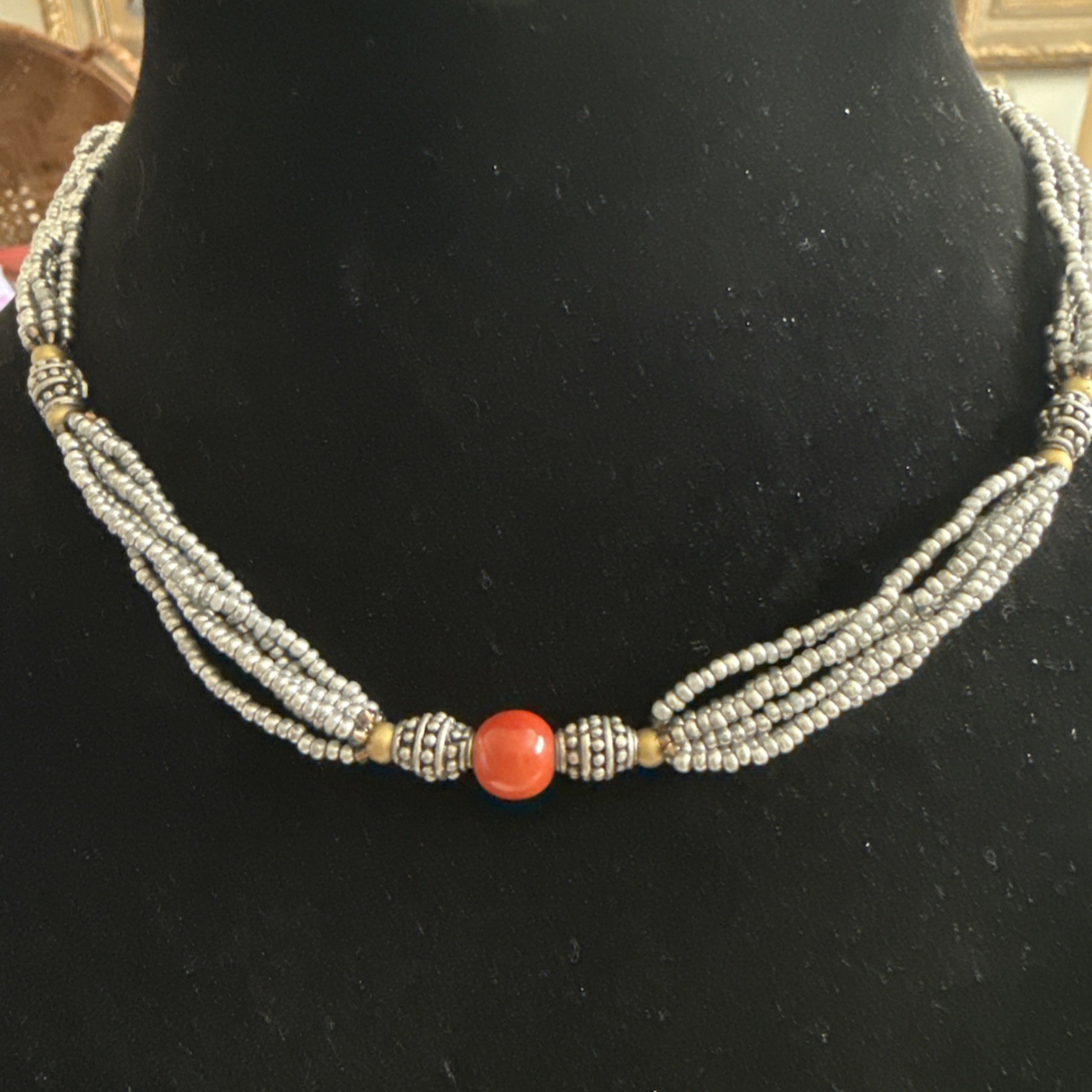 VTG Czech Republic Glass Seed Bead Necklace 16” Silver Button Loop Clasp