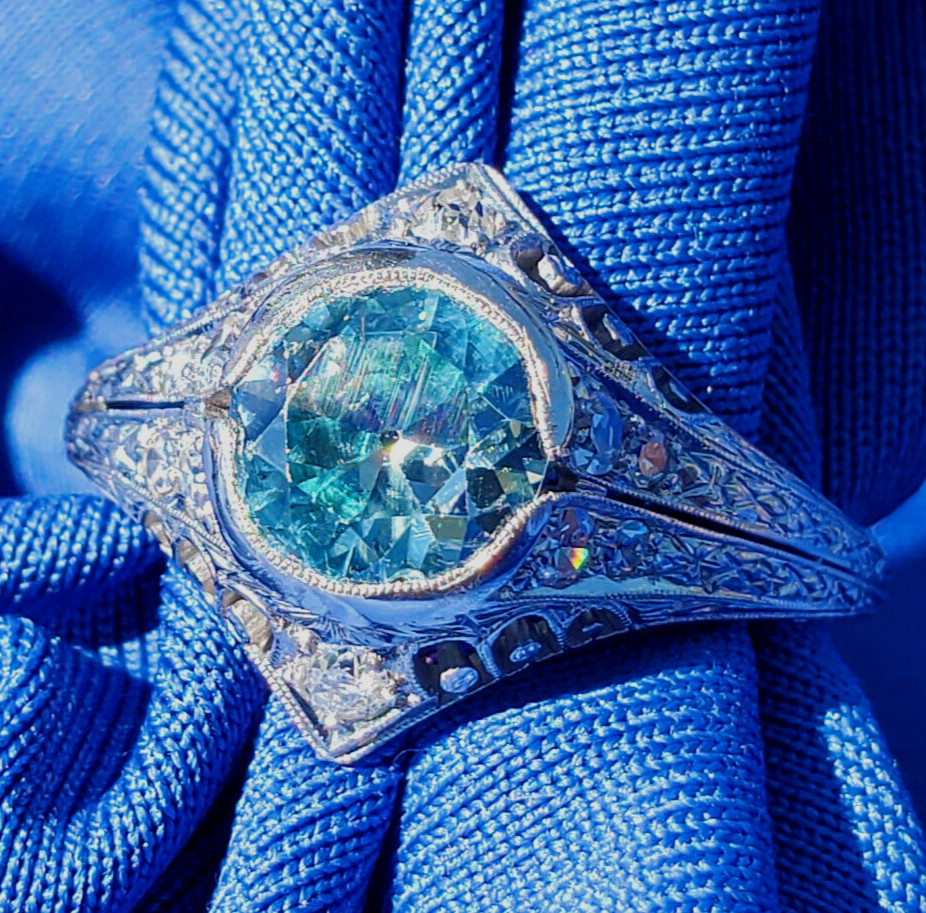 NATURAL EARTH MINED Blue Zircon DIAMOND PLATINUM ORIGINAL DECO Engagement Ring 8