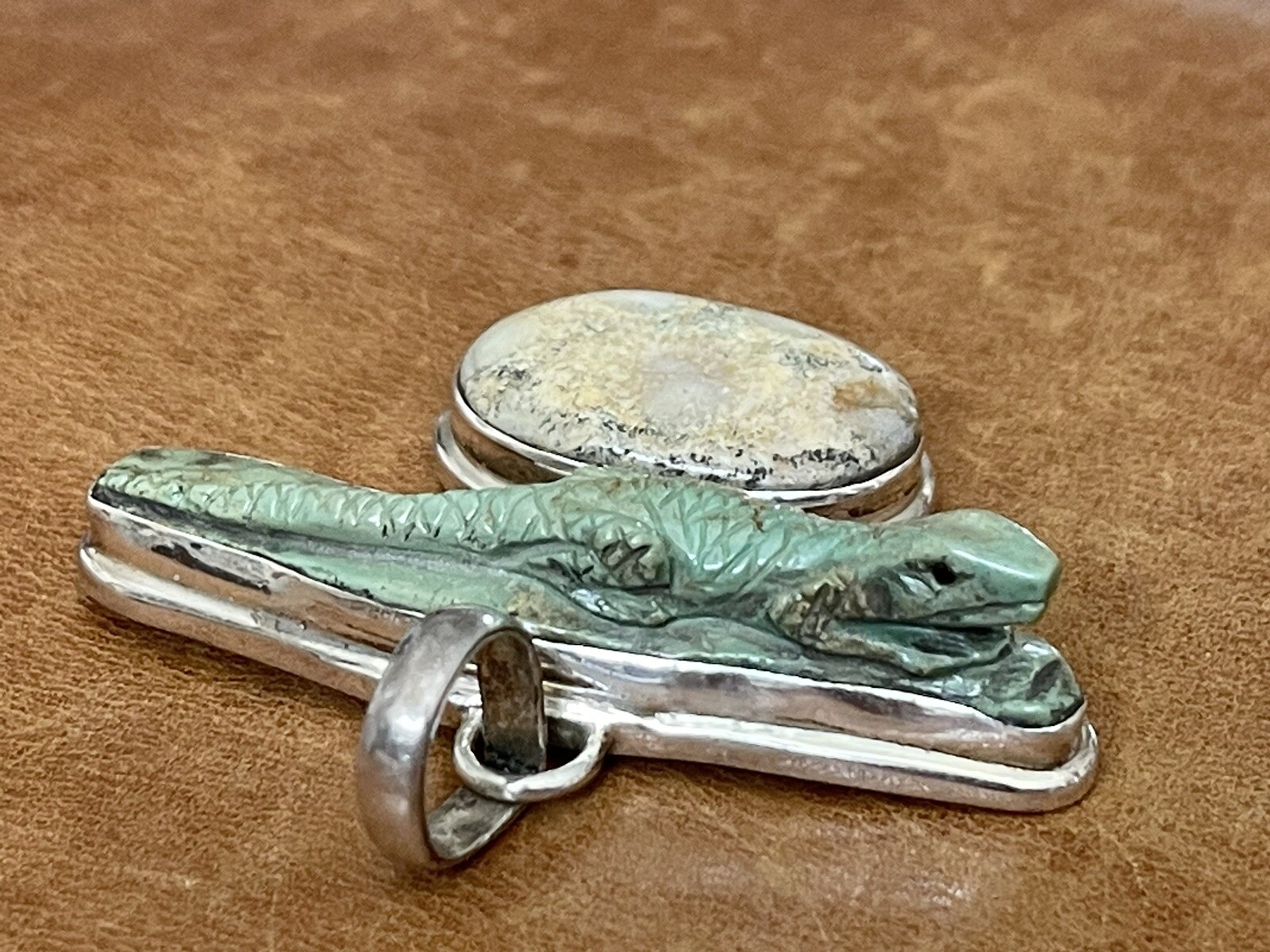 Vintage 925 Green Turquoise, Jasper Artist Created Lizard Motif Large Pendant