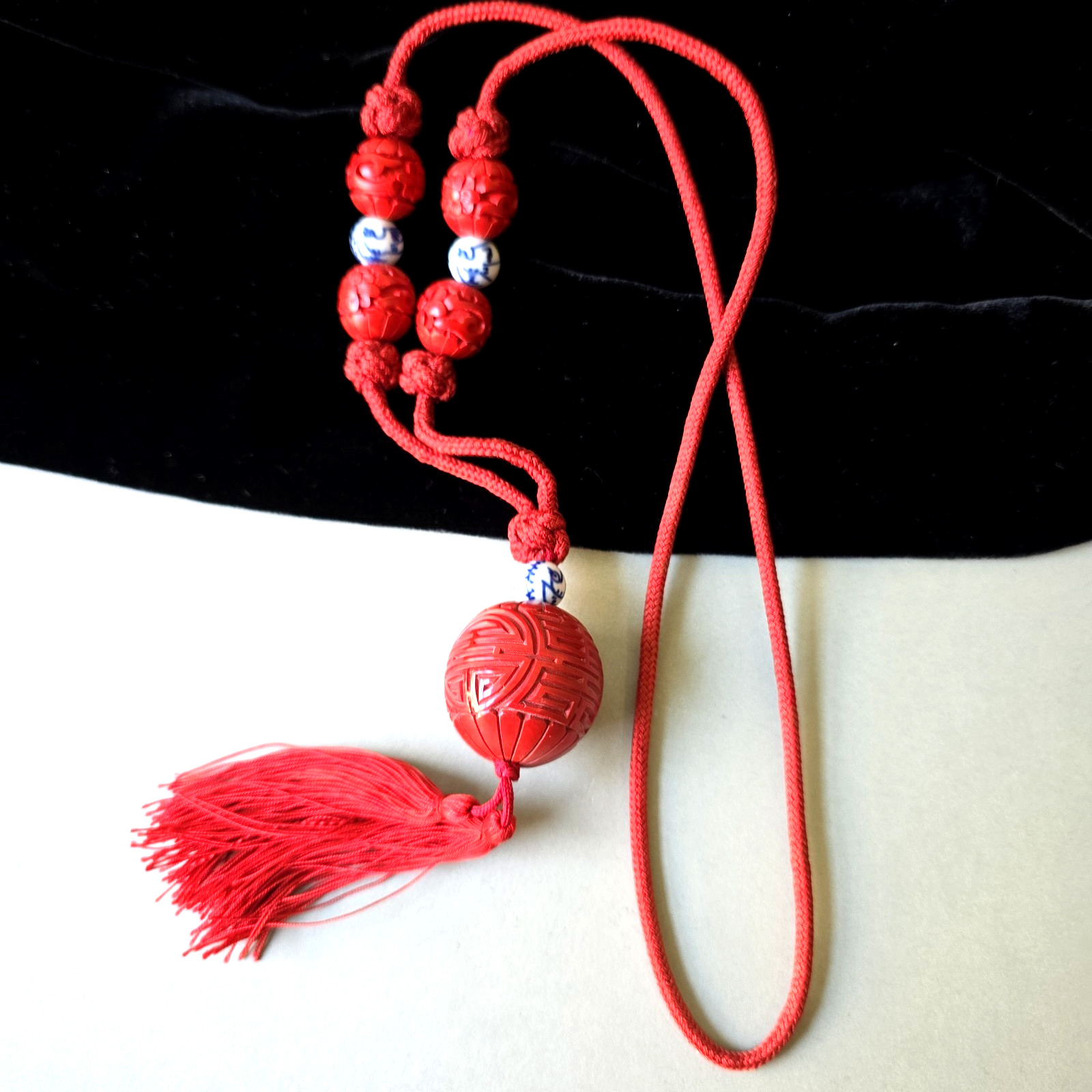 Vintage Asian Cinnabar Beads Red Cord Silk Tassel Necklace 28″L Pull On