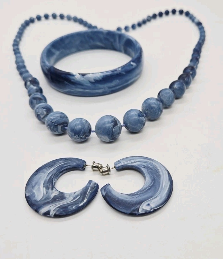 Denim Blue Marbled Jewelry Set Vintage Couture 3pc Necklace Bracelet Earrings