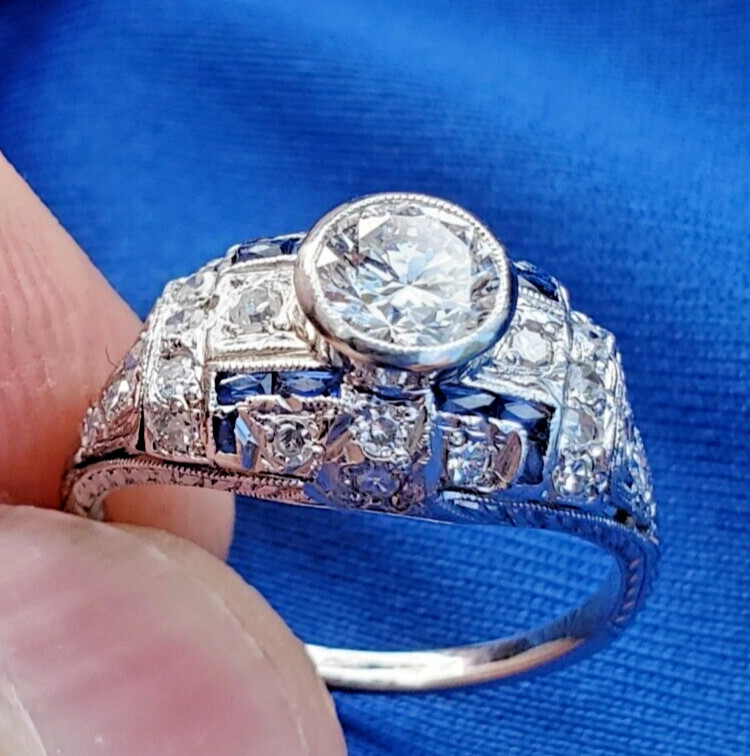 Original EARTH MINED DIAMOND Deco Engagement Ring Platinum Sapphire Solitaire 6