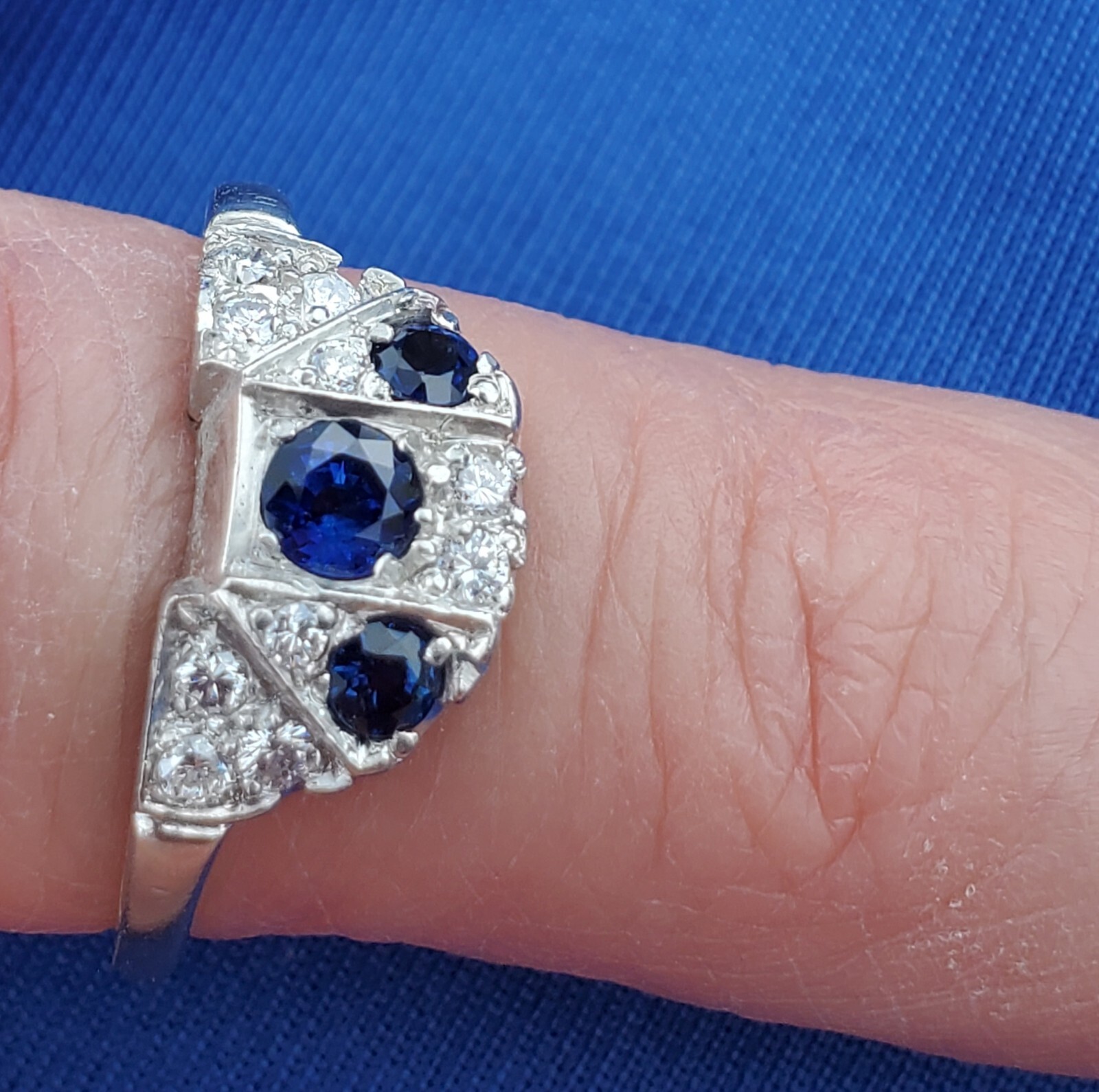 EARTH MINED SAPPHIRE DIAMON Deco Wedding Band Unique Vintage SOLID PLATINUM Ring
