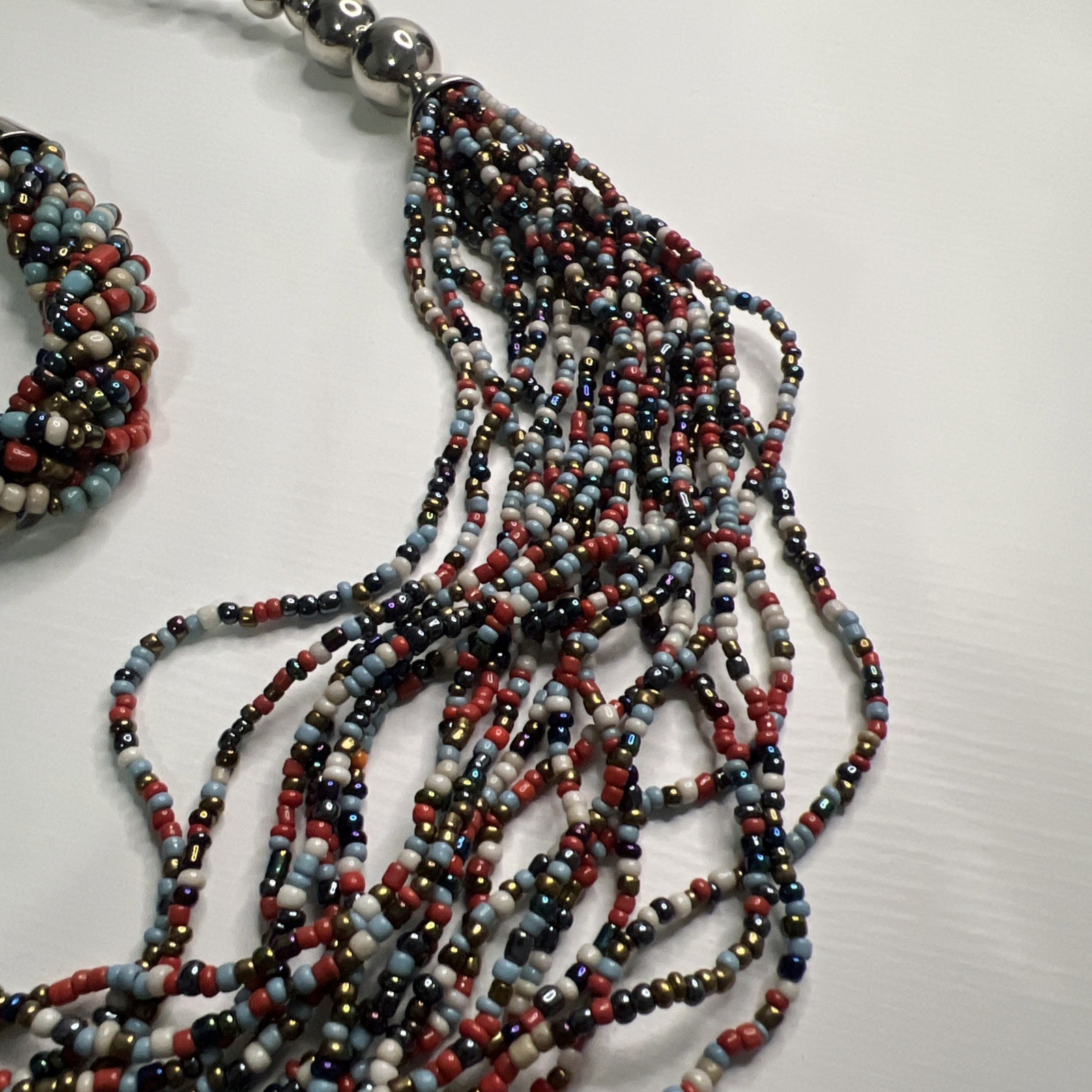 Multicolored Bead Multi Strand Statement Silver Tone Necklace Bracelet Set