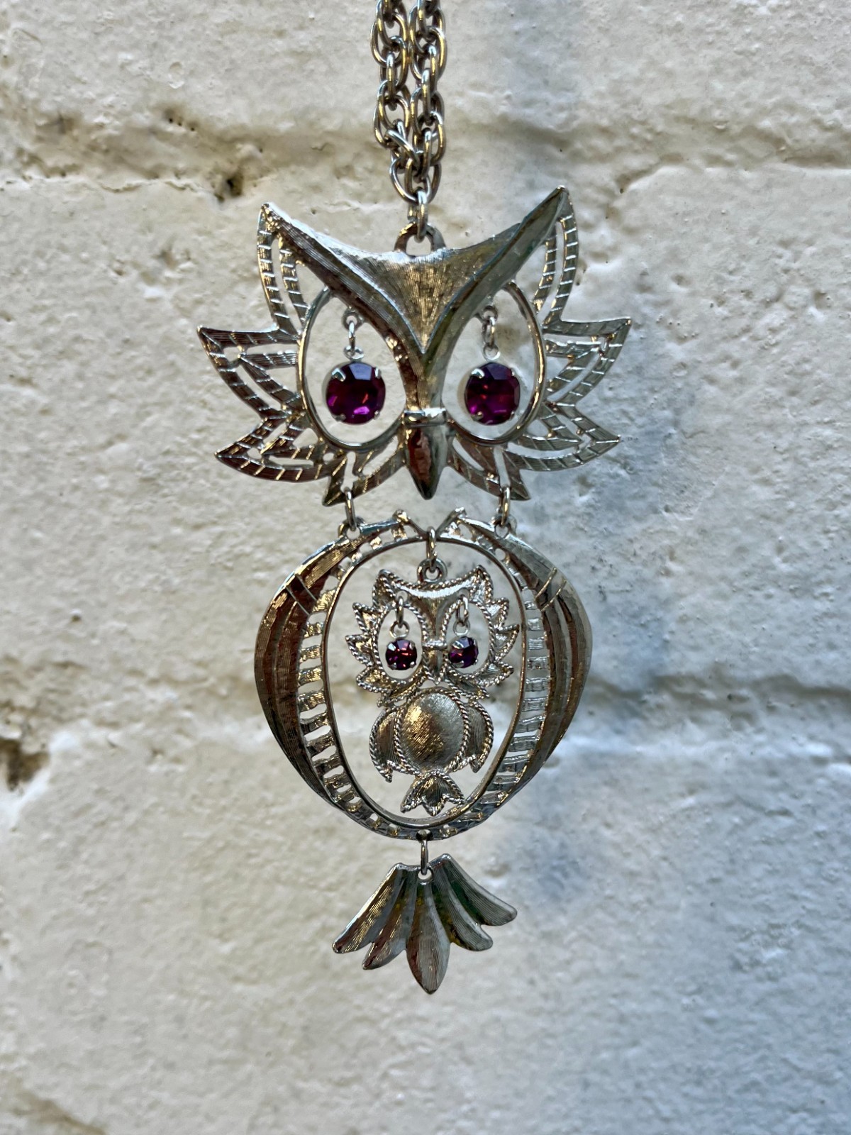 Vintage MCM Mother & Baby Dangling Owl Necklace (EH)
