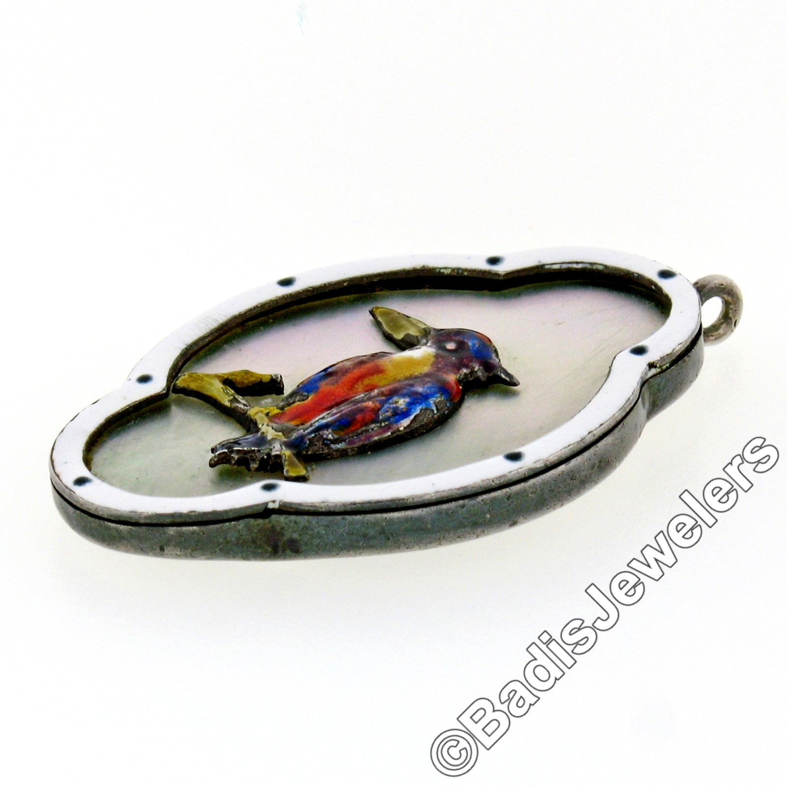 Antique .925 Sterling Silver Enamel Bird Mother of Pearl Quatrefoil Pendant RARE