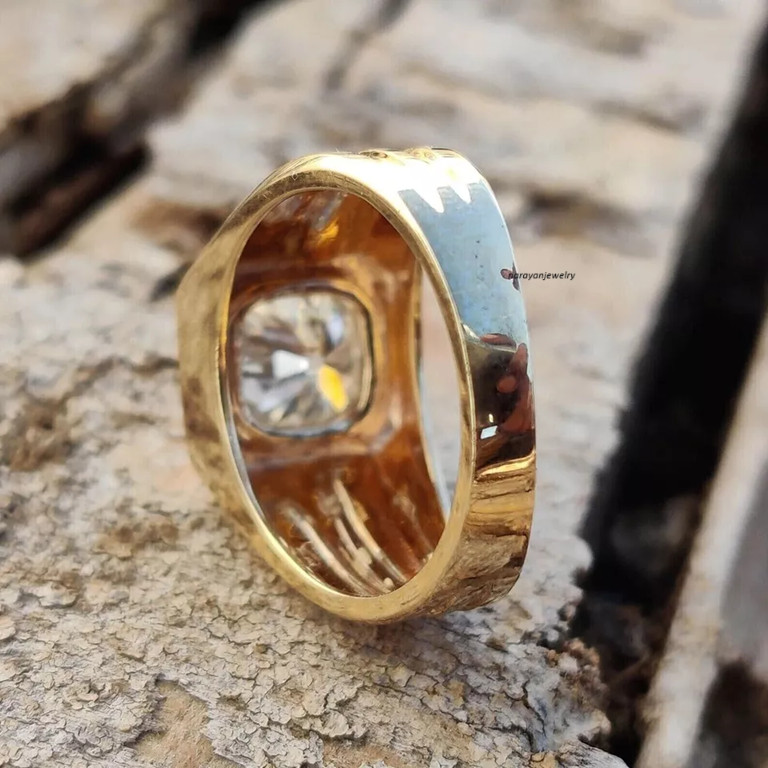 1.50Ct Cushion Cut Moissanite Men’s Halo Engagement Ring 14k Yellow Gold Plated