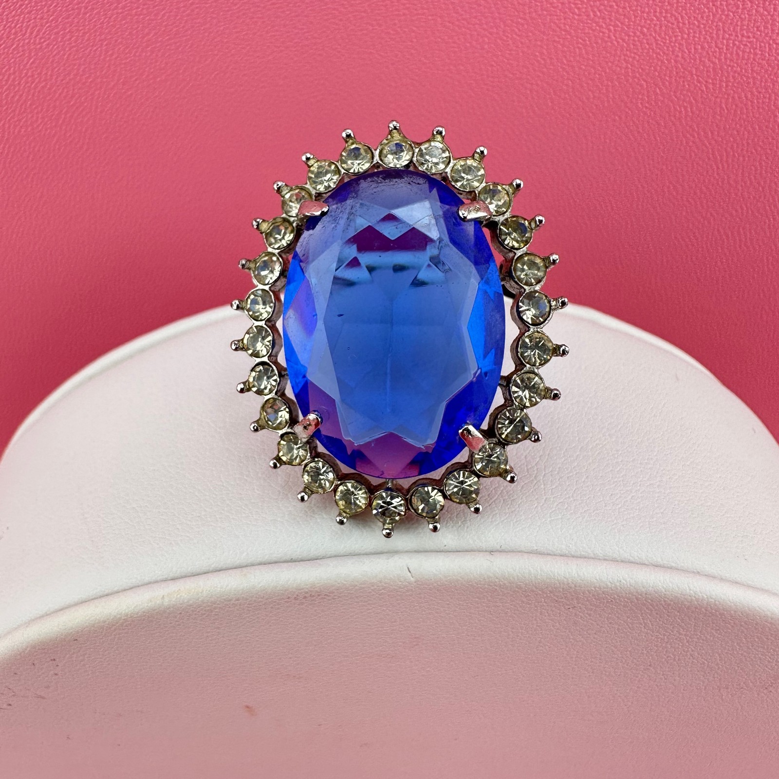 Vintage Crystal Brooch Pendant LG Blue Oval Faceted Stone Open Back Prong Set