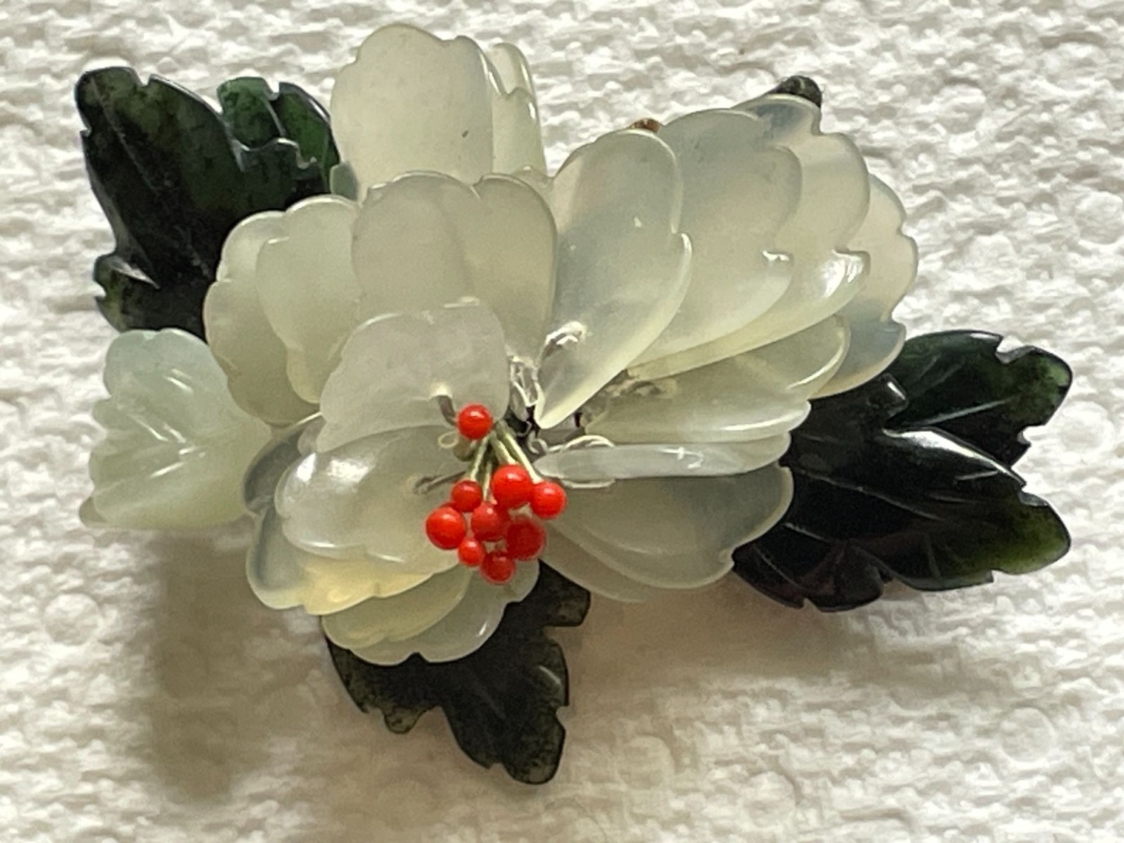 Vtg Chinese Carved Glass Peony Flower Brooch Wire Wrapped Celadon Green Red Pin