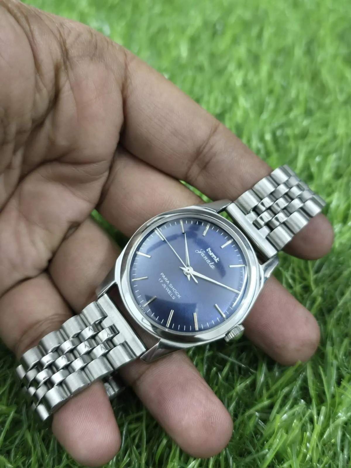 Vintage Hmt Janata Transparent Back Hand Winding Men Steel 17 Jewels Wrist Watch