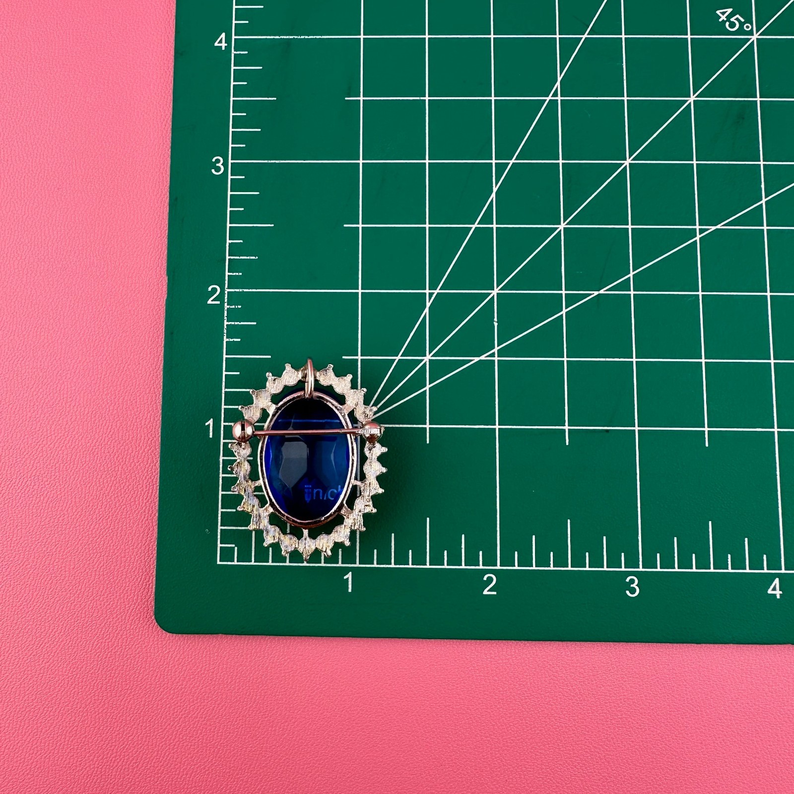 Vintage Crystal Brooch Pendant LG Blue Oval Faceted Stone Open Back Prong Set