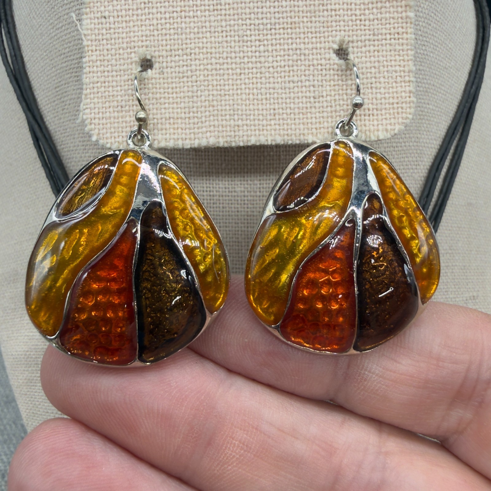 Vintage Chicos Necklace Earrings Jewelry Set Orange Brown Enamel Silver Tone