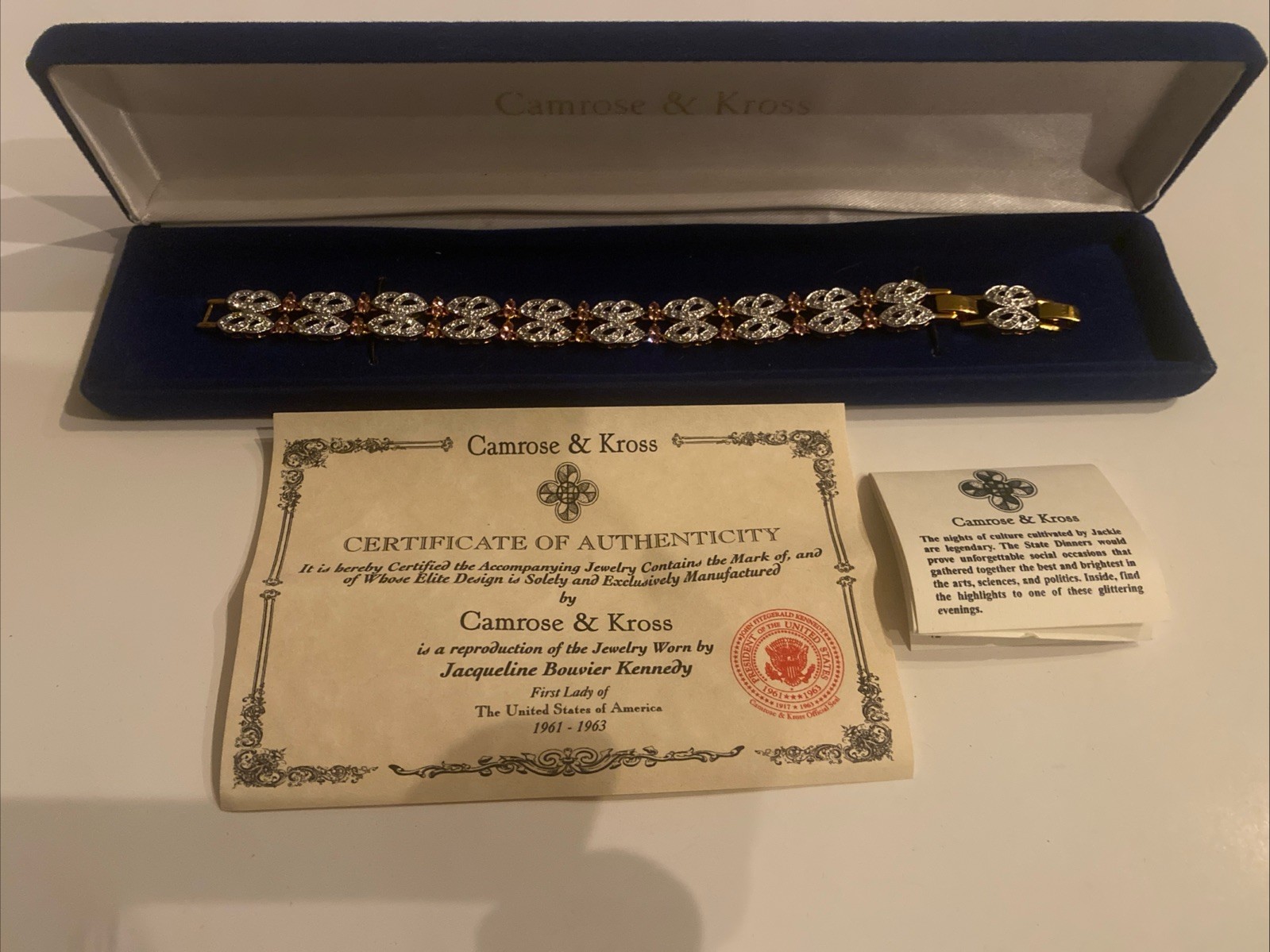 Camrose & Kross JBK Jacqueline Kennedy Pink Stones Crystal Gold Channel Bracelet