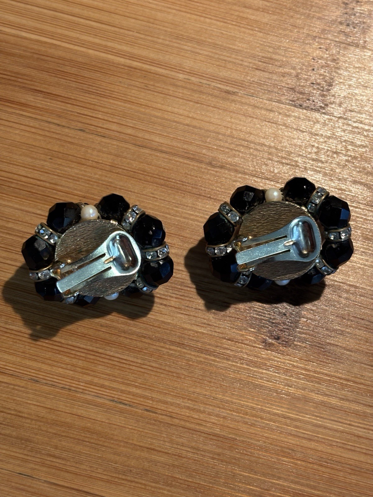 Vintage Muti- Faceted Black Cluster Bead Faux Pearl Earrings with Rhinestones