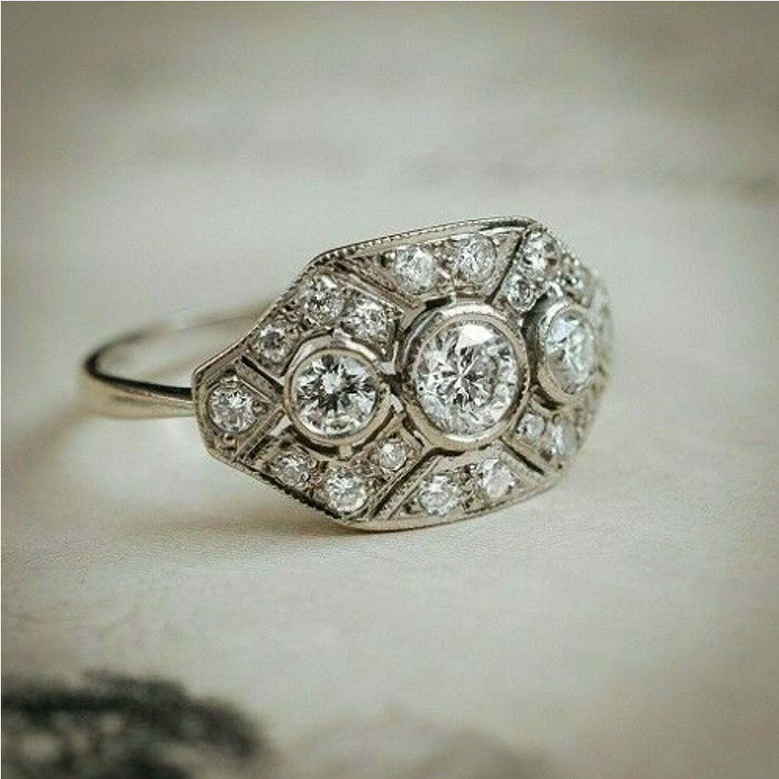 Art Deco Style 1Ct White Round CZ Bezel Set Wedding Ring 935 Argentium Silver