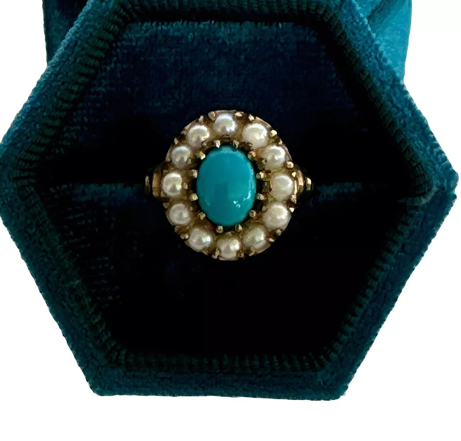 Vintage Cluster Women’s Ring 14k Yellow Plated Lab Created Turquoise & Pearl