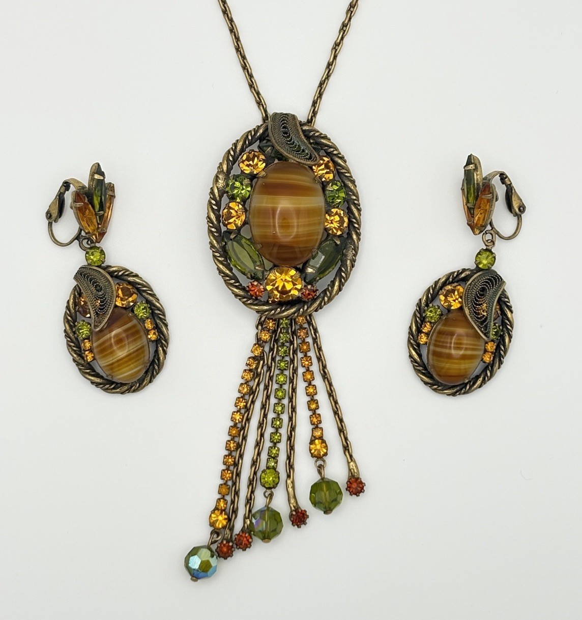 W Germany Brown Porphyry Slag Art Glass And Rhinestone Necklace & Earrings Set