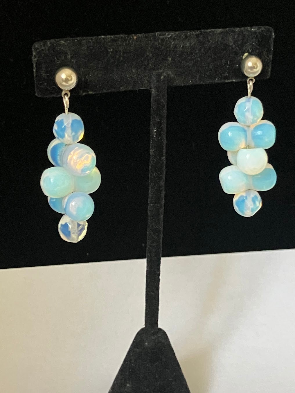 Vintage Opaline Glass Beaded Earrings Pierced Post Iridescent Cluster Dangle