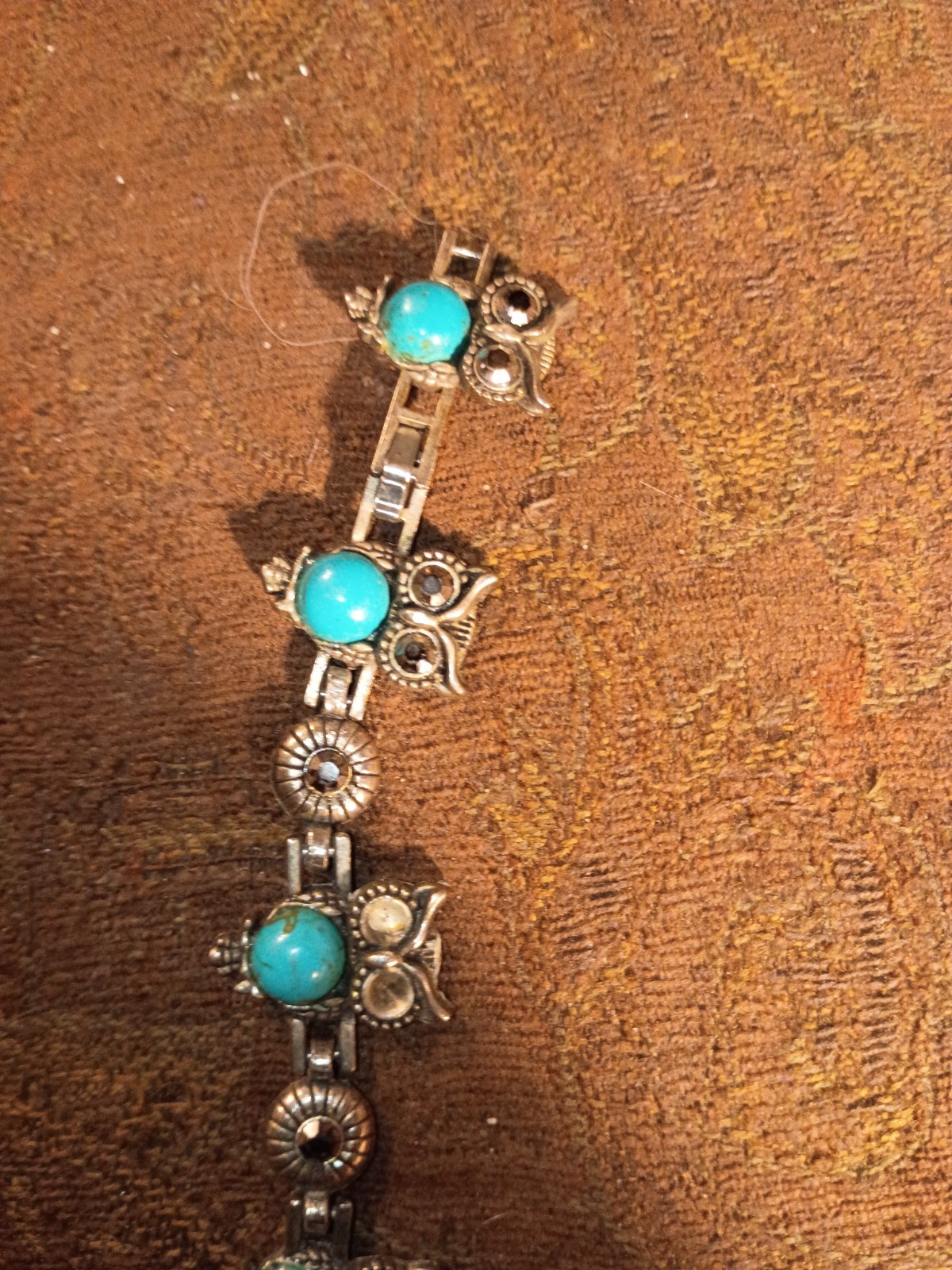Vintage Silver-Tone Bar Link Charm Bracelet Owl w/ Turquoise Blue Cabochons