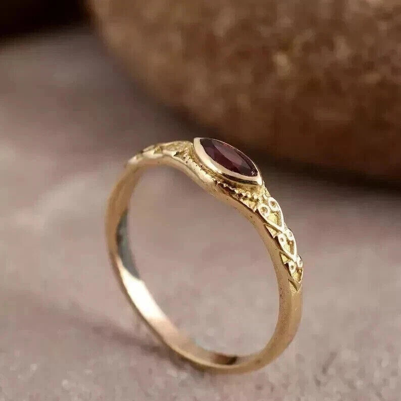 Art Deco 2.50Ct Marquise Lab Created Diamond Red Garnet 14K Yellow Gold FN Ring