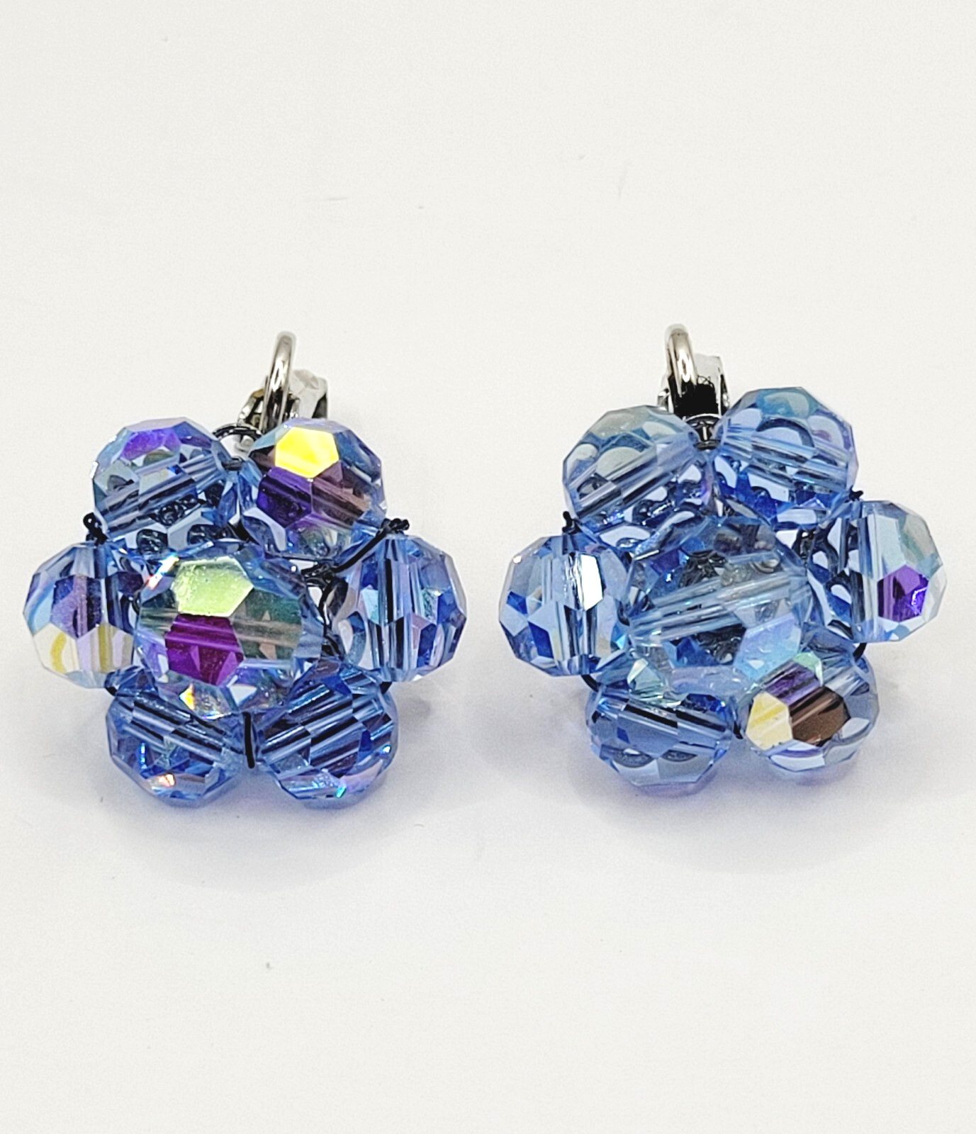 Light Blue Faceted Crystal Bead Cluster Sparkling Fancy Vintage Clip On Earrings