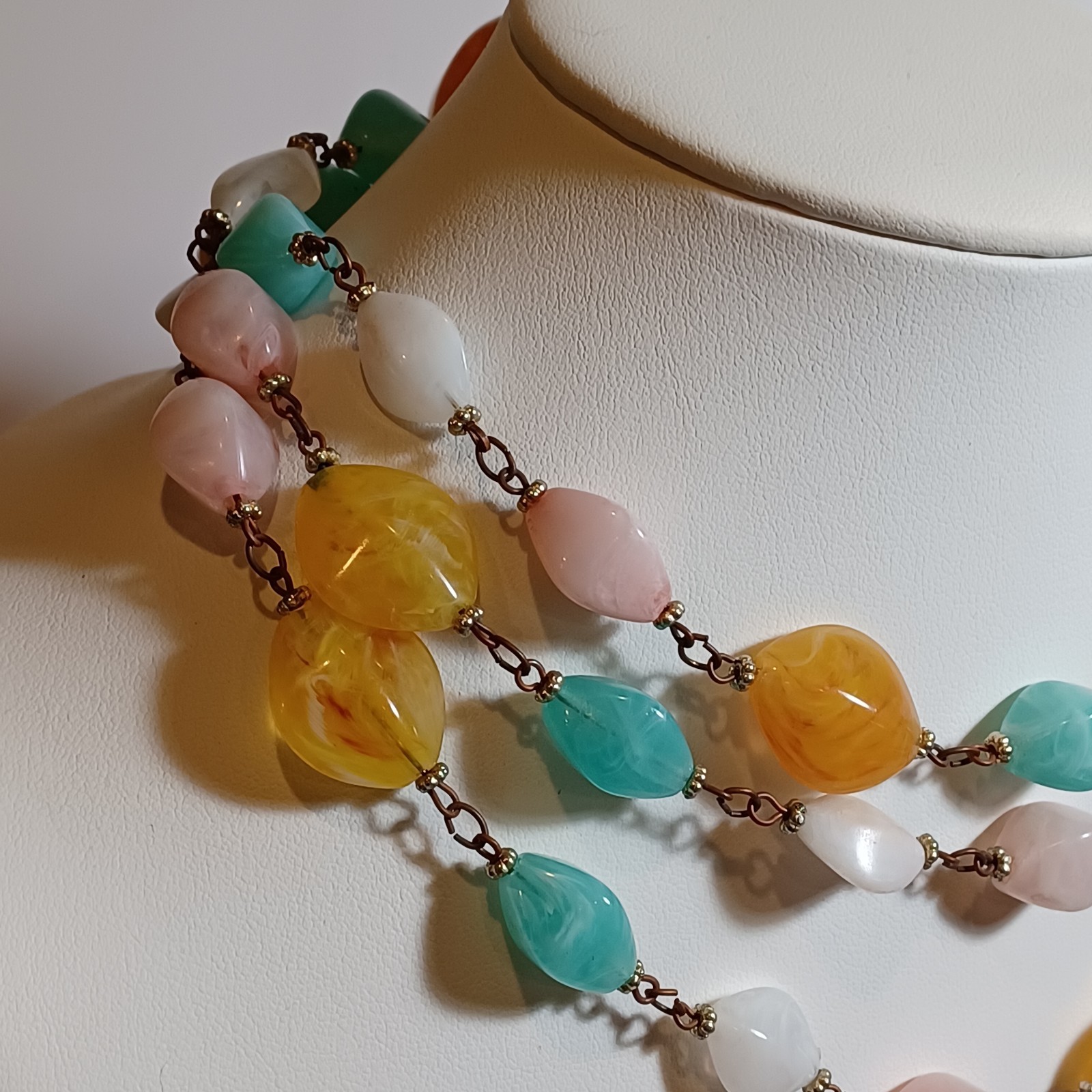 Pastel Marbled Plastic Resin Vtg Bead Chain Necklace 54in Pink, Mint, Amber, Wht