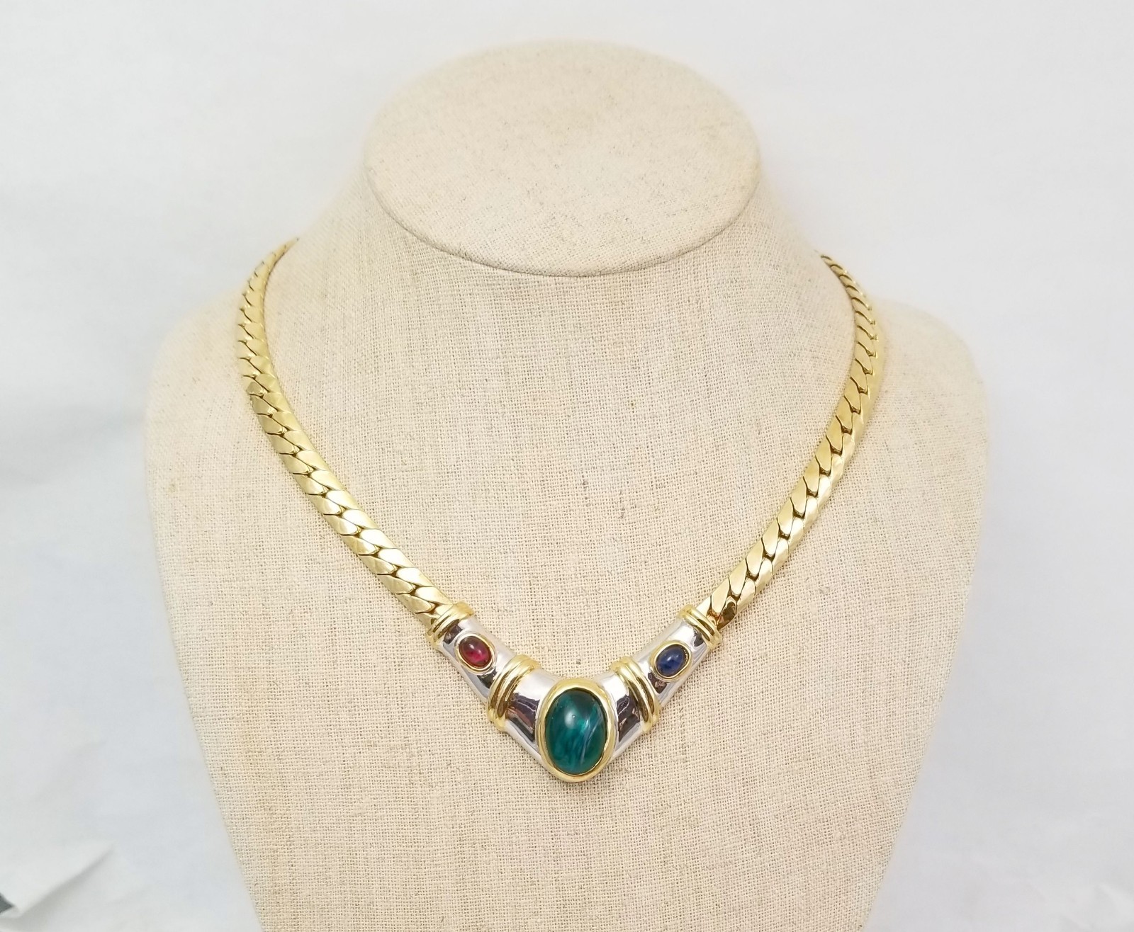 Gold Tone V Necklace w/Flawed Glass Faux Emerald Sapphire Ruby