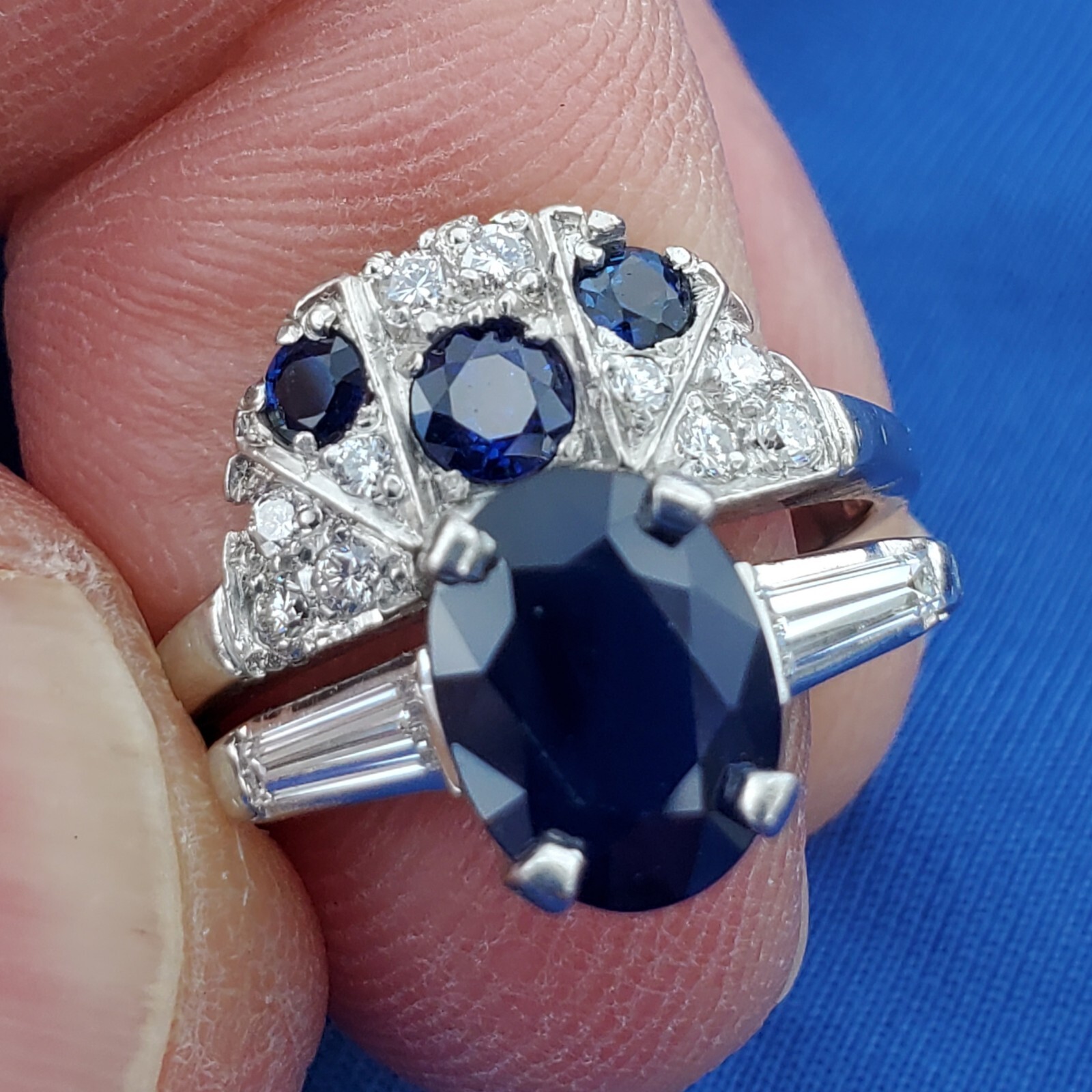 EARTH MINED SAPPHIRE DIAMON Deco Wedding Band Unique Vintage SOLID PLATINUM Ring